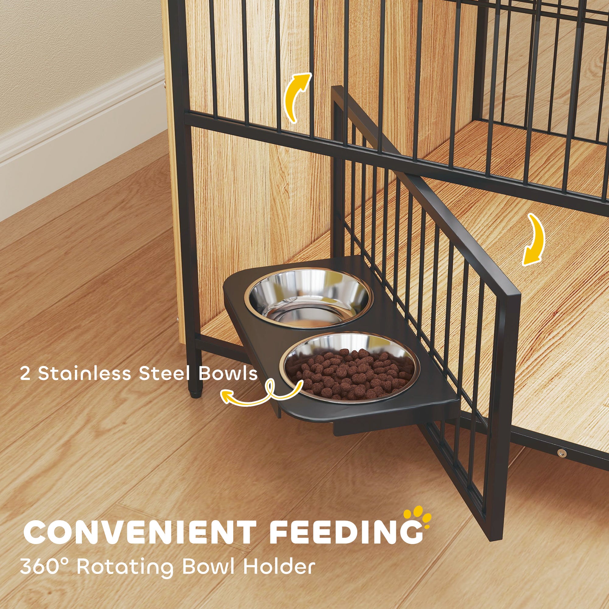 30 Inch Dog Crate Furniture, Indoor Pet Kennel Side Table with Rotatable Bowls, 2 Anti-Escape Doors, for M Dogs, Oak