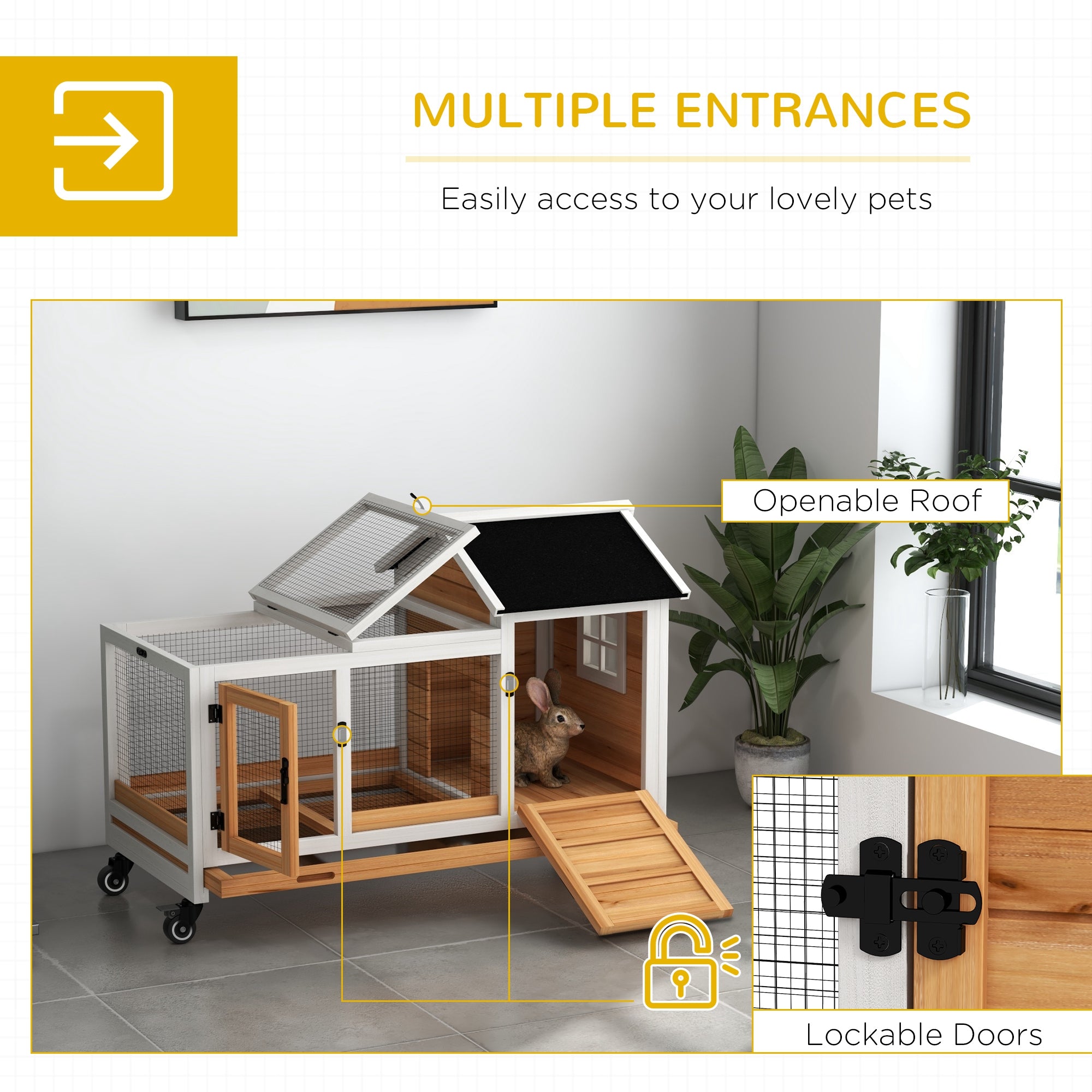 Wooden Rabbit Hutch with Wheels, Run, Slide-out Tray for Small Animals, Guinea Pig, Yellow