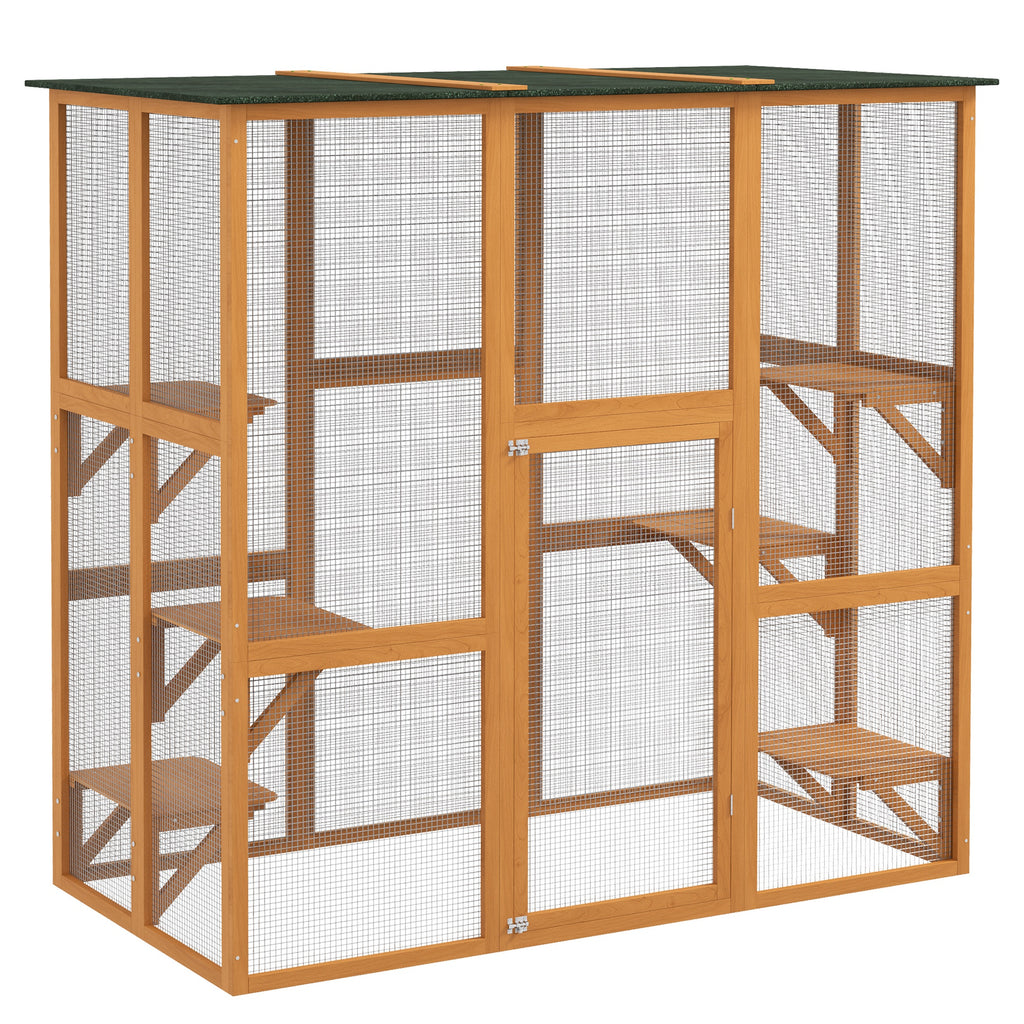 Outdoor Cat House Big Catio Wooden Feral Cat Shelter Enclosure with Large Spacious Interior, 6 High Ledges, Weather Protection Asphalt Roof, 71" L, Orange