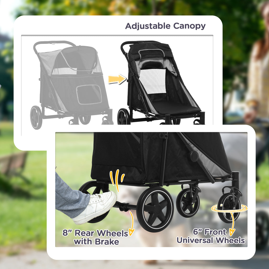 Dog Stroller for Large Medium Small Dogs up to 66 Lbs. 23.5" in Body Length, One-Click Foldable Pet Cat Stroller with Storage, Shock Absorption Wheels, Mesh Window, Safety Leash, Gray