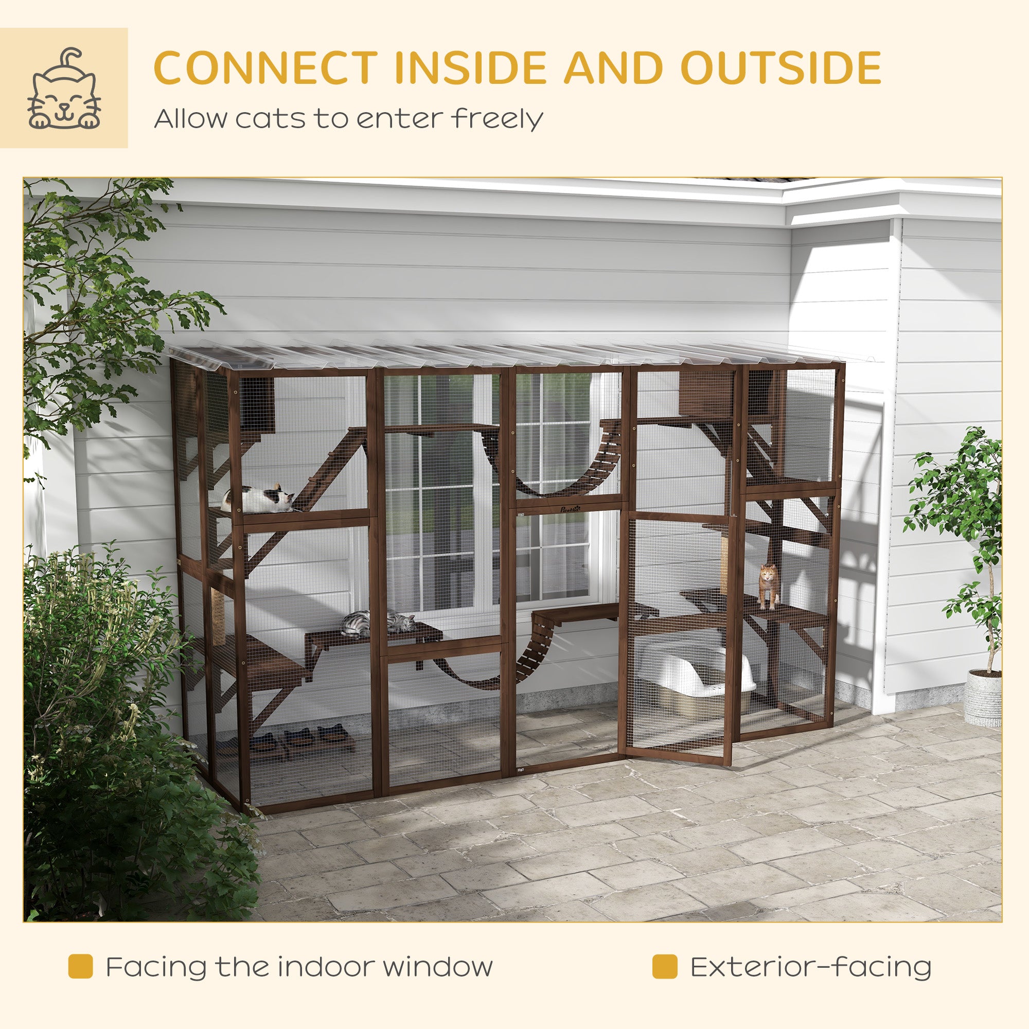 Large Outdoor Cat Enclosure for Multiple Cats with Shelves & Bridges, Coffee Brown