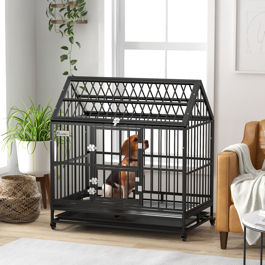 48" Heavy Duty Dog Crate with Lockable Wheels & Double Doors for XL Dogs