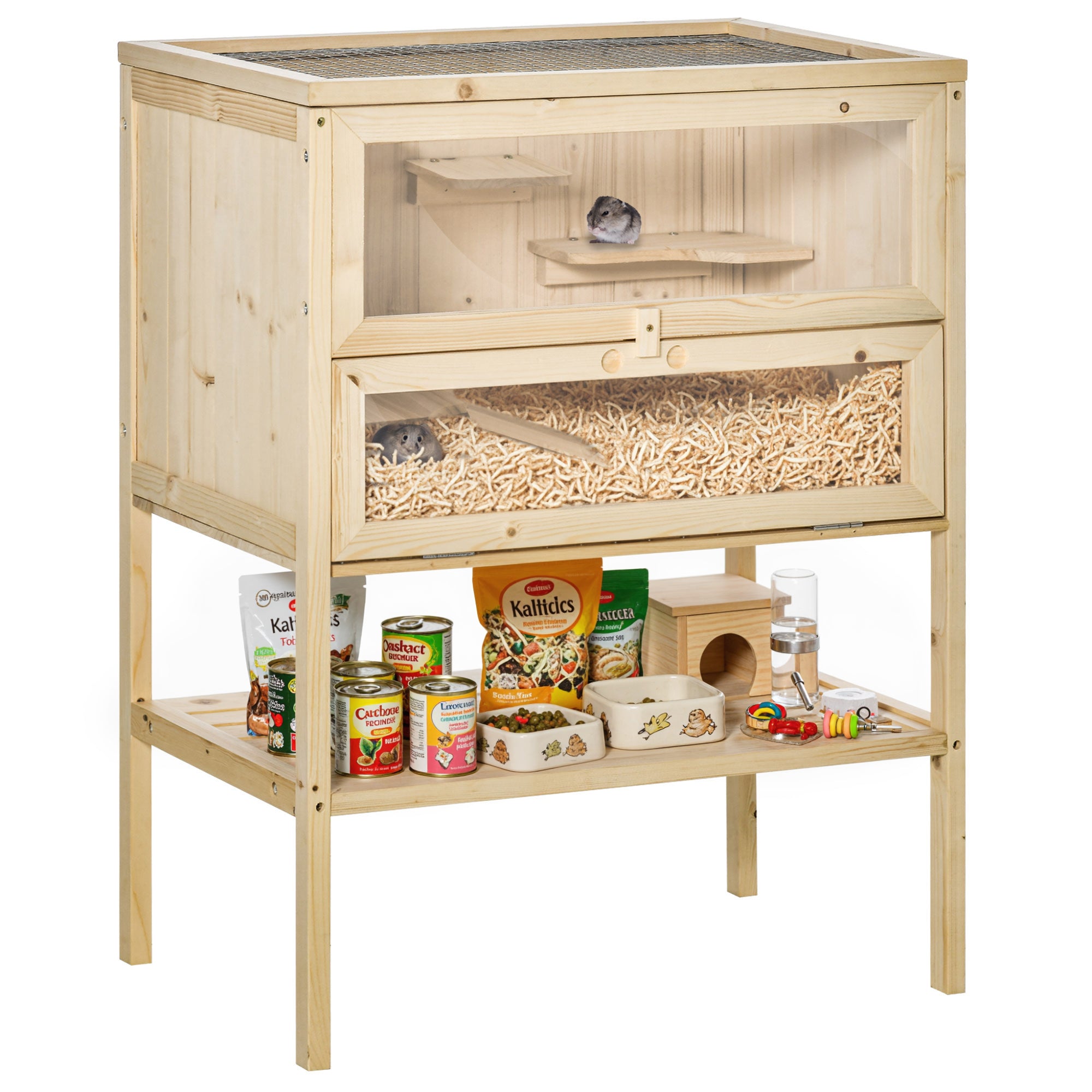 3-Tier Wooden Hamster Cage Mice and Rat Cage Small Animals Hutch with Openable Top, Front Door, Shelf, Natural Wood