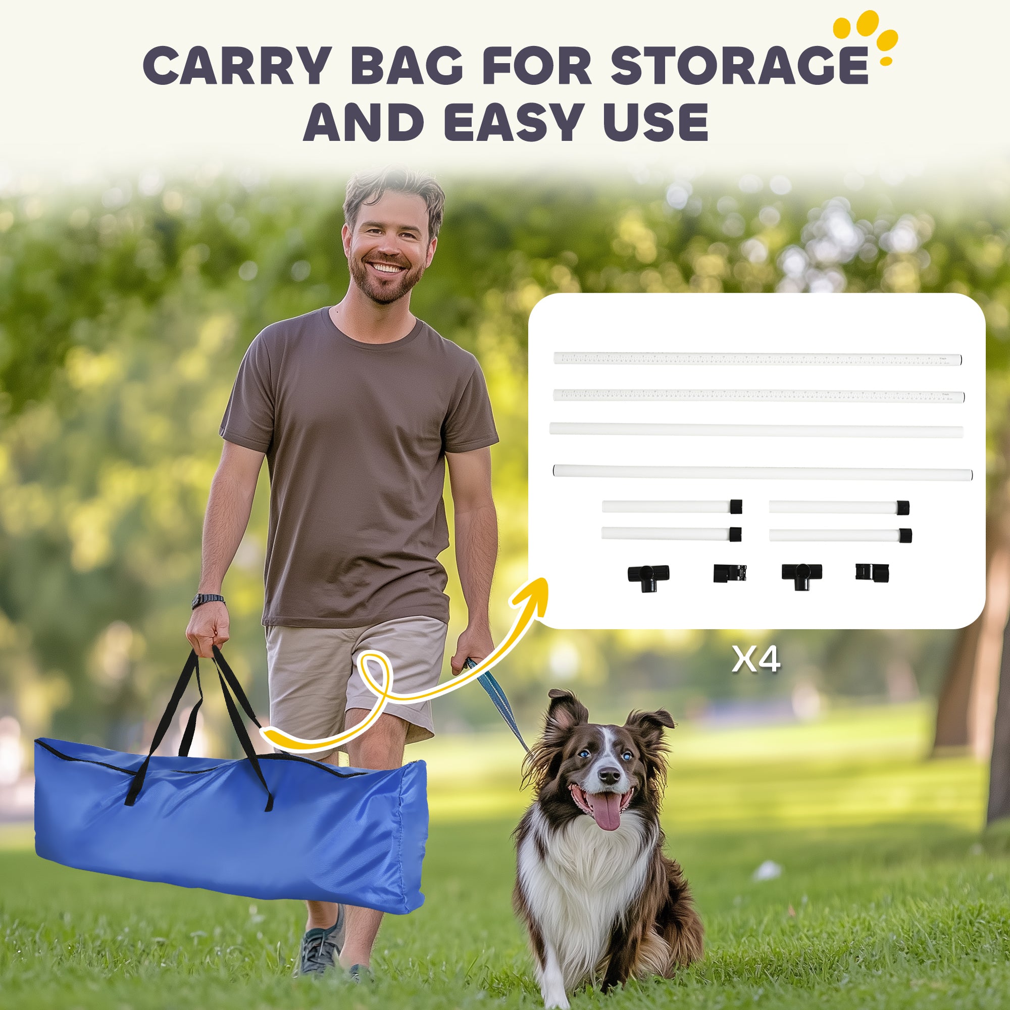 4 Piece Dog Agility Training Equipment for Dog Agility Course with Adjustable Height Jump Bars, Included Carry Bag, & Displacing Top Bar, White