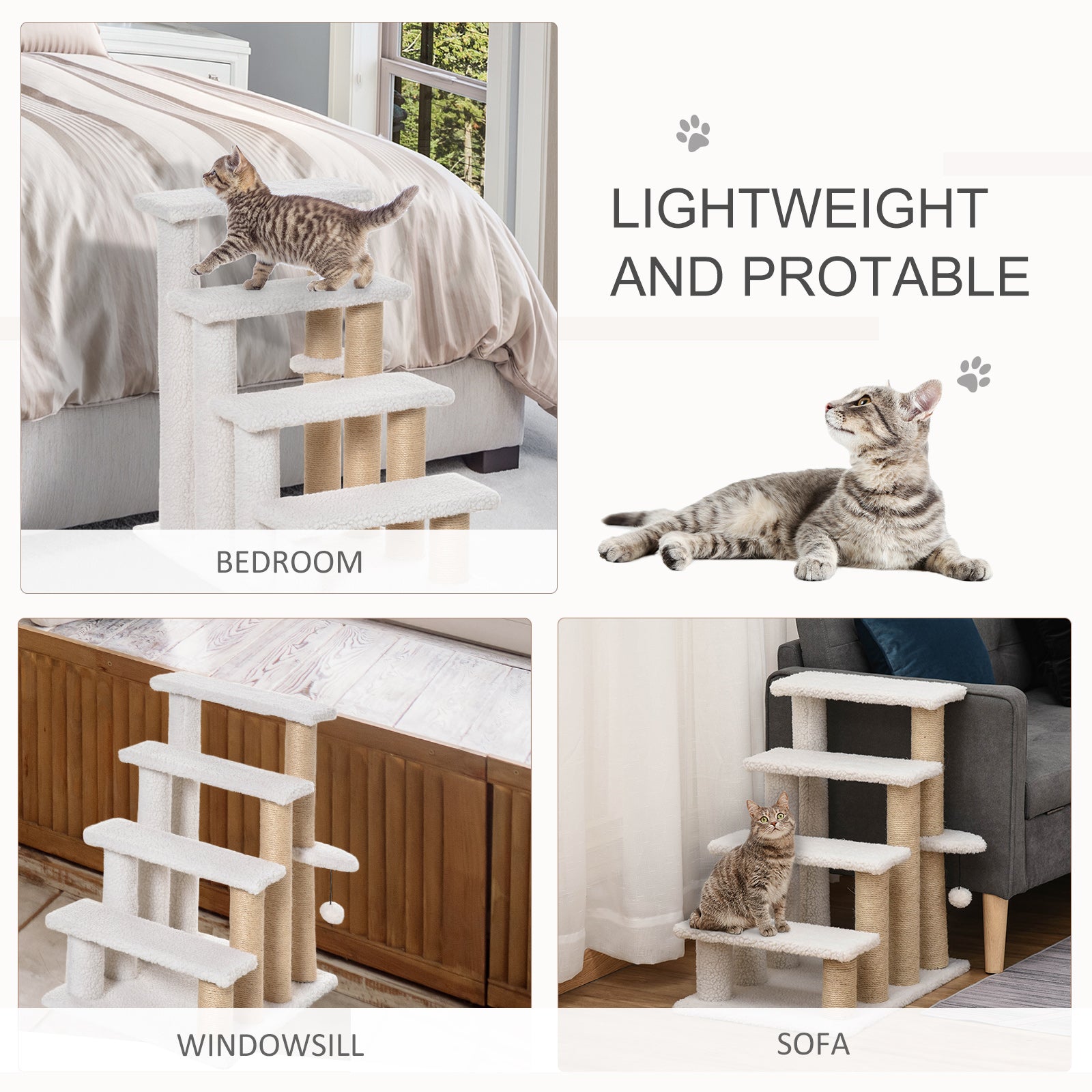 4-Tier Cat Steps with Scratching Posts, Pet Stairs for High Bed & Sofa, Indoor Cat Climbing Ladder, White
