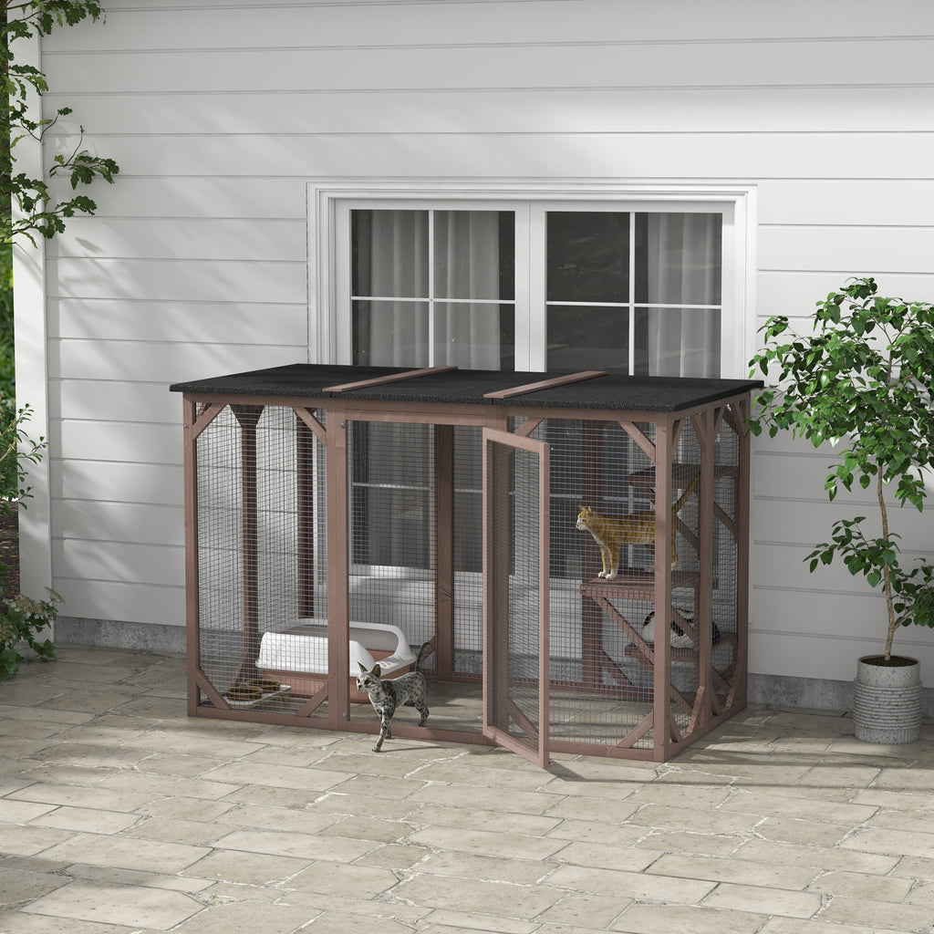 Outdoor Cat House, Catio Wooden Feral Cat Shelter, Cat Cage with Platforms, Large Enter Door, Weather Protection Asphalt Roof, 71" L, Brown
