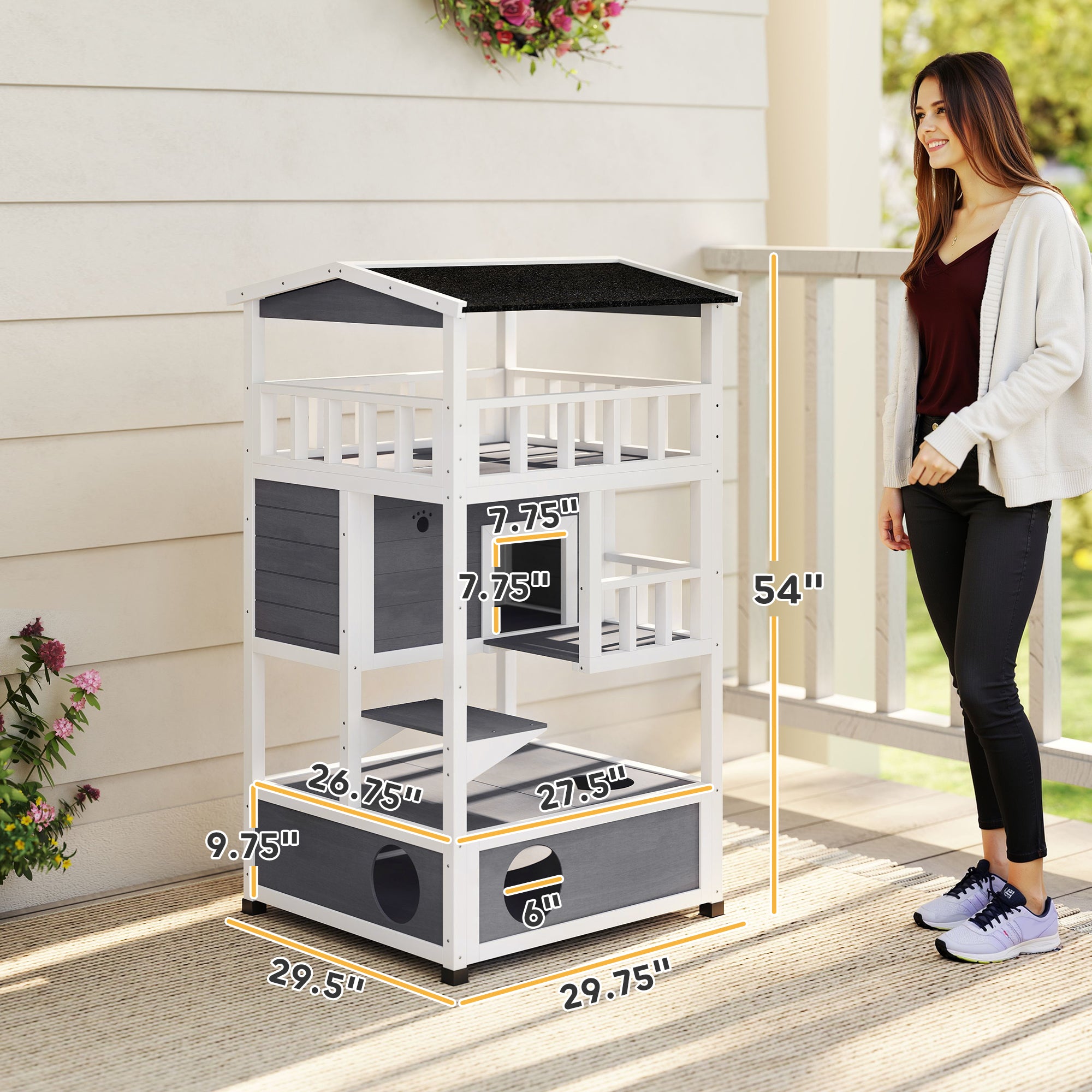 Wooden Outdoor Cat House, Feral Cat Shelter Kitten Condo with Asphalt Roof, Escape Doors, Condo, Jumping Platform, Gray