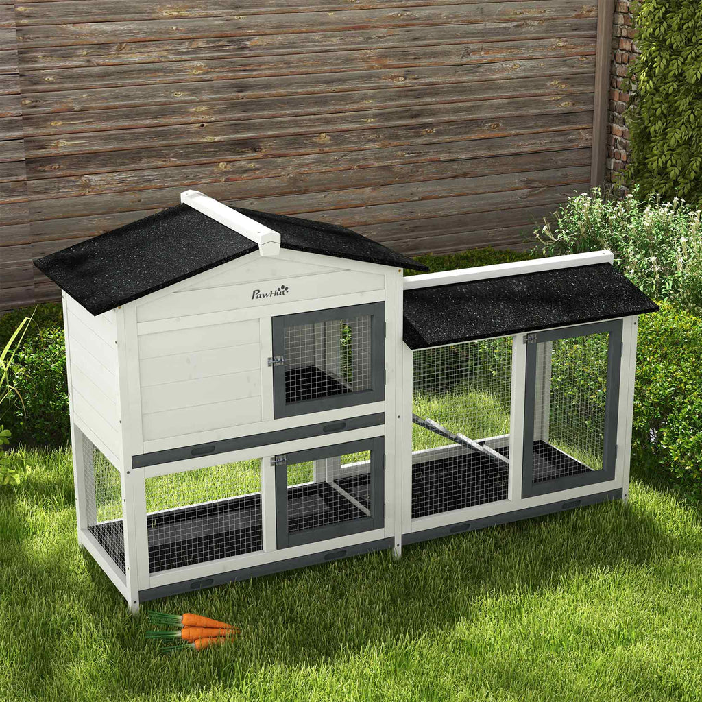 62" Rabbit Hutch, Wooden Bunny Hutch, Guinea Pig Cage, Small Animal Enclosure with Run Area, Removable Tray, Asphalt Roof, Lockable Doors and Ramp, for Rabbits, Chickens, Ducks, White