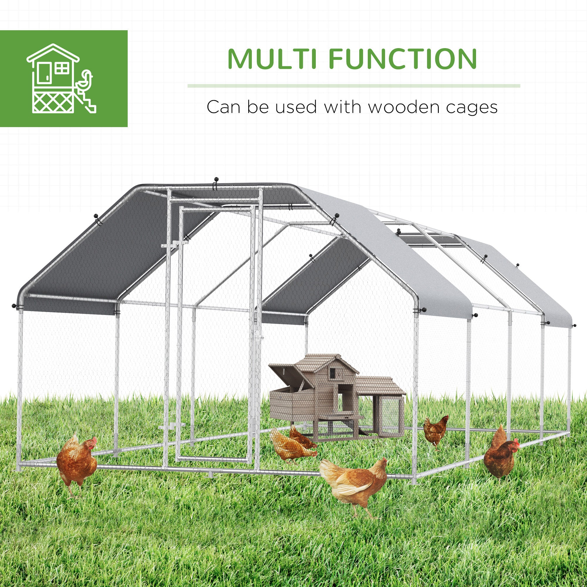 Large Chicken Coop Metal Chicken Run with Waterproof and Anti-UV Cover, Flat Shaped Walk-in Fence Cage Hen House for Outdoor and Yard Farm Use, 1.3" Tube Diameter, 9' x 24' x 6.5'