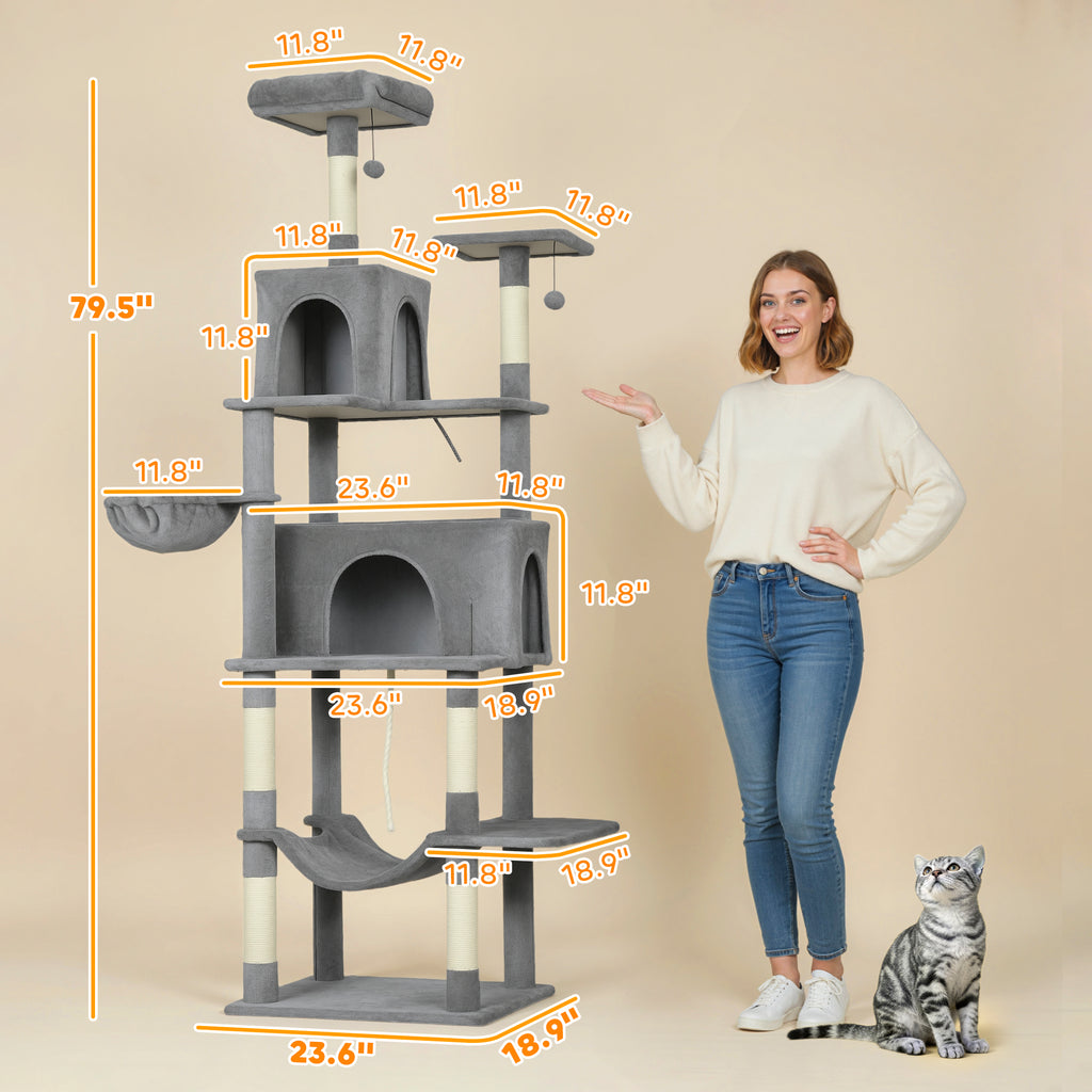 80" Tall Cat Tree for Indoor Cats, Multi-Level Cat Tower with 2 Condos, 2 Hammocks & 6 Sisal Posts, Heavy Duty Activity Center, Dark Gray
