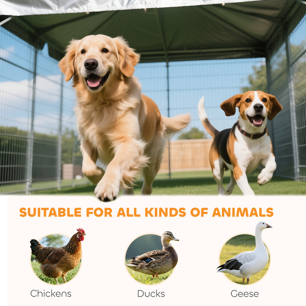 Welded Wire Outdoor Dog Kennel with 360¡ã Rotating & 4 Levels Adjustable Bowls, Waterproof Cover, 3.9' x 3.9' x 6'