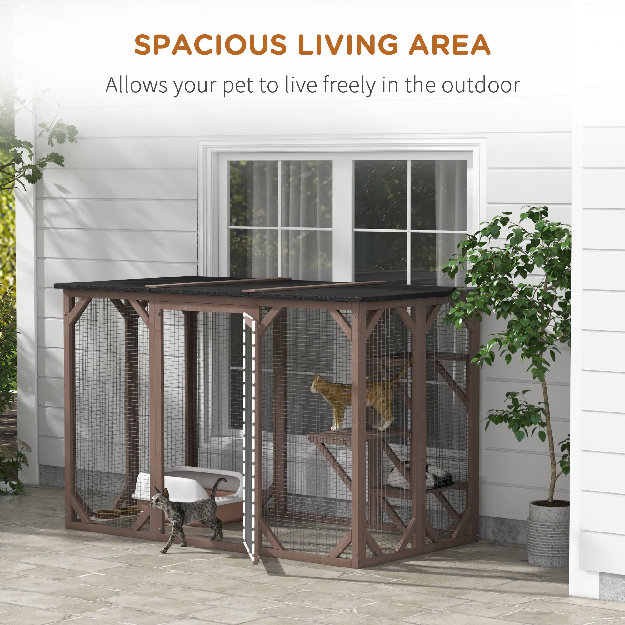 Outdoor Cat House, Catio Wooden Feral Cat Shelter, Cat Cage with Platforms, Large Enter Door, Weather Protection Asphalt Roof, 71" L, Brown