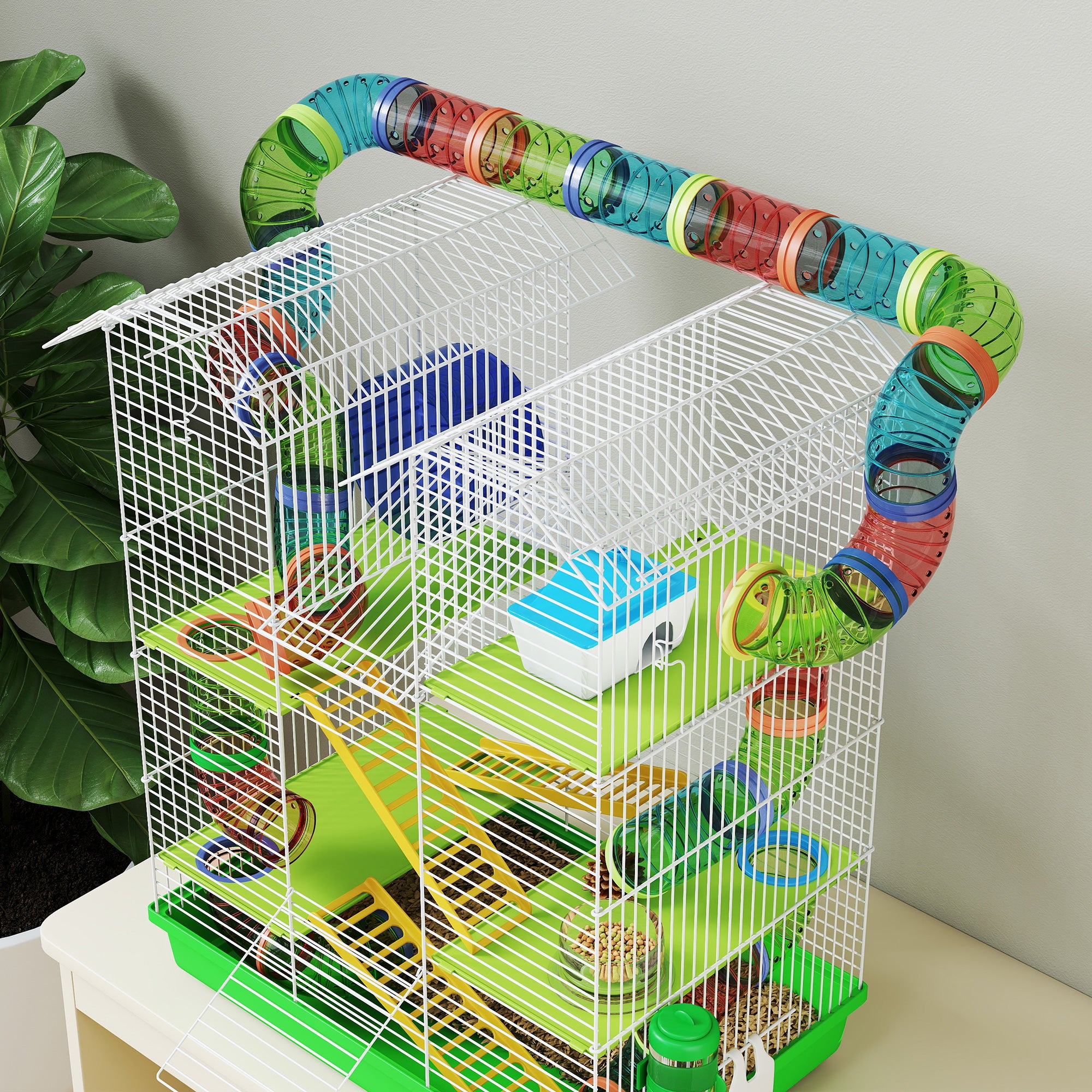 18.5" 5 Tier Hamster Cage with Tubes and Tunnels, Small Animal Cage, Rat Gerbil Cage with Water Bottle, Food Dish, Exercise Wheel, Green