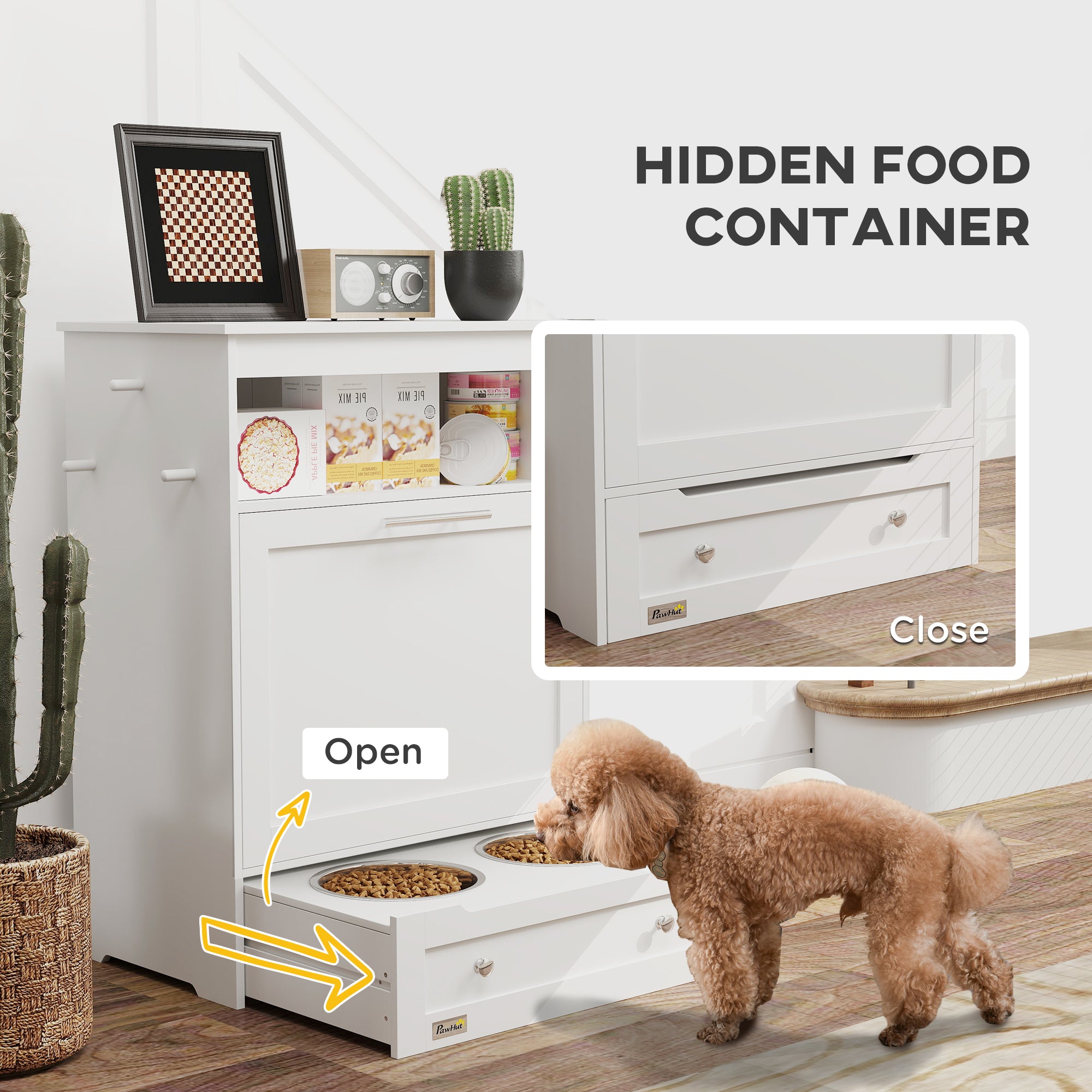 Pet Feeder Station Storage Cabinet, Dog Food Storage Container with Dog Raised Bowls, Watering Supplies, White