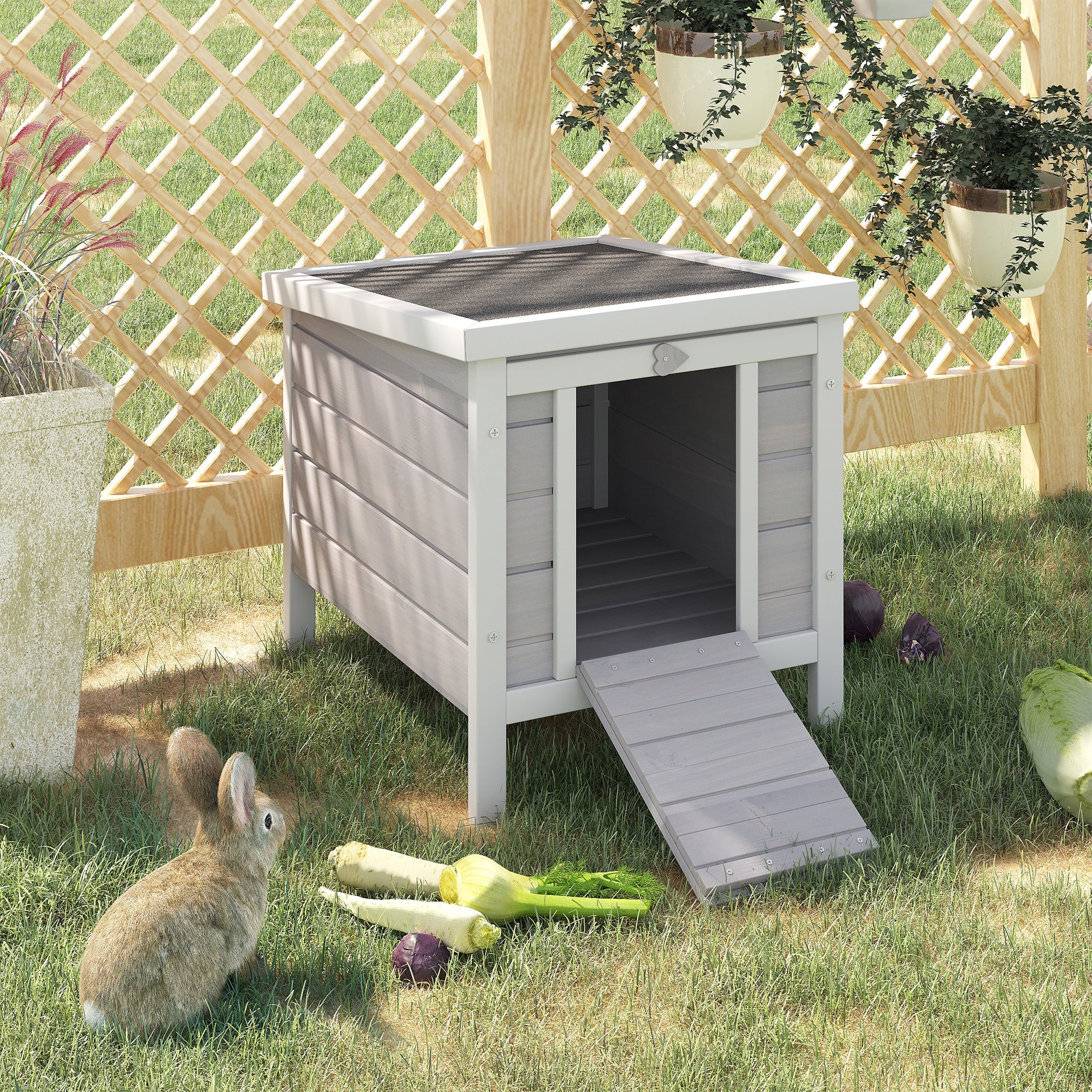 Small Wooden Rabbit Hutch Bunny Cage Guinea Pig Cage Duck House Dog House with Openable & Waterproof Roof, for Rabbits, Chickens, Ducks, Gray