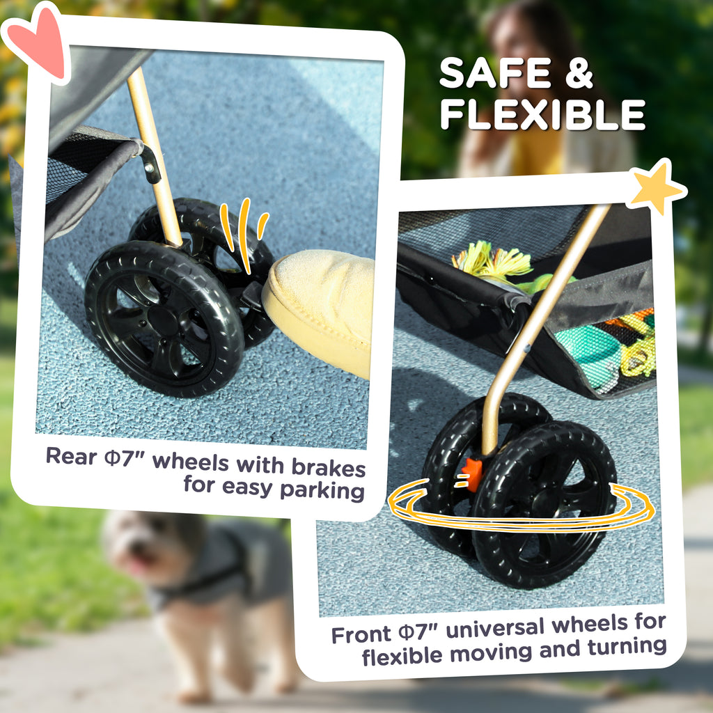3 in 1 Pet Stroller with Detachable Carrier, Foldable Dog Stroller with Storage Basket, Cupholder, for Mini Dogs, Gray