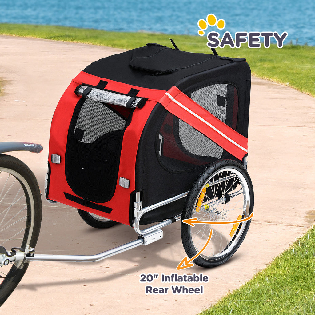 Dog Bike Trailer, Pet Wagon Bicycle Trailer with Easy Folding Cart Frame, 20" Large Rubber Wheels, 3 Entrances, Mesh Screen, Pet Bike Trailer for Off-Road & Travel, Red and Black