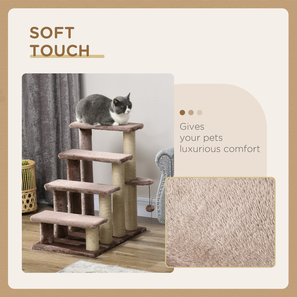 4-Level Cat Steps for High Bed & Sofa - Brown Pet Stairs with Integrated Sisal Scratching Posts, Soft Flannel Platforms & Hanging Toy Ball, Portable Ladder for Senior Cats & Kittens