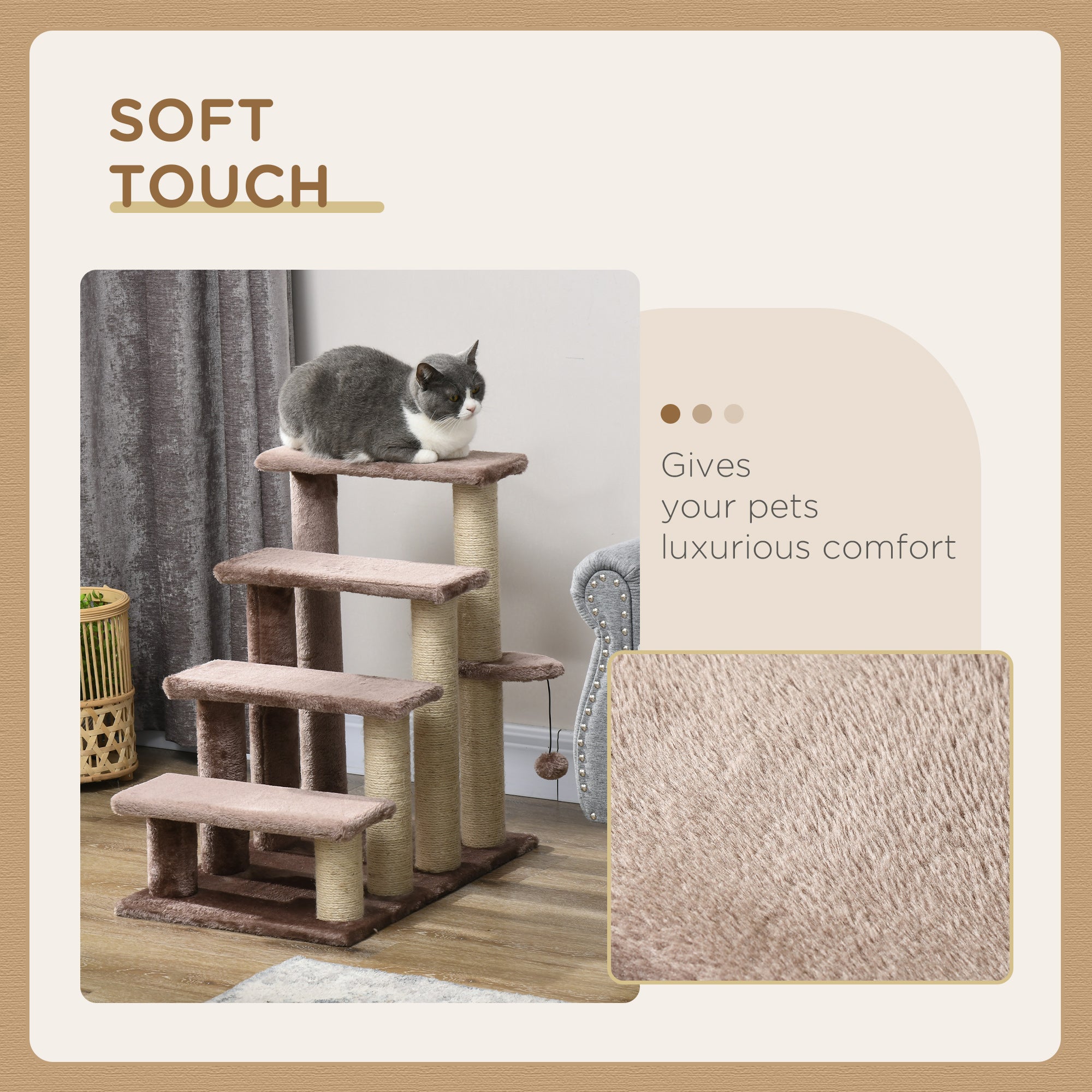 4-Level Cat Steps for High Bed & Sofa - Brown Pet Stairs with Integrated Sisal Scratching Posts, Soft Flannel Platforms & Hanging Toy Ball, Portable Ladder for Senior Cats & Kittens