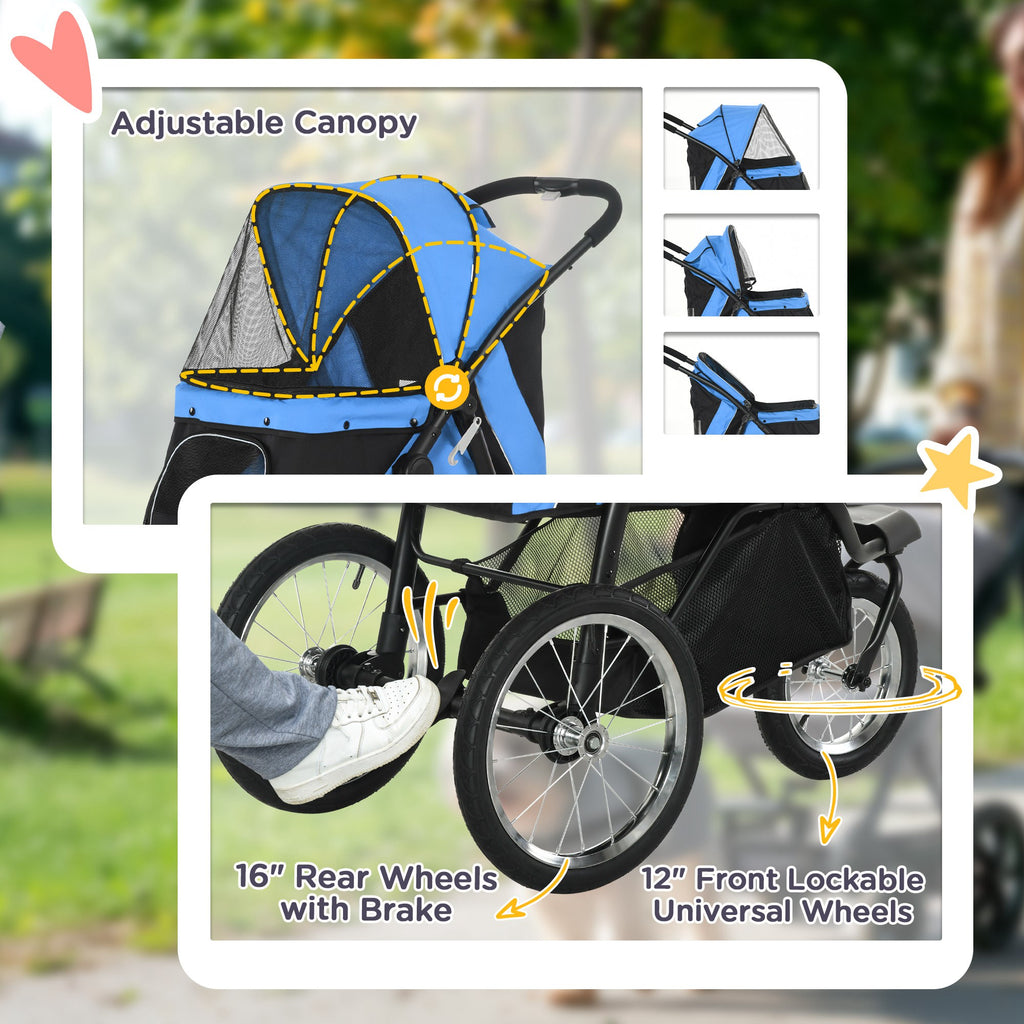 3 Wheels Pet Stroller for Small Dogs and Medium Dogs with Adjustable Canopy, Safety Tether, Storage Basket, Blue