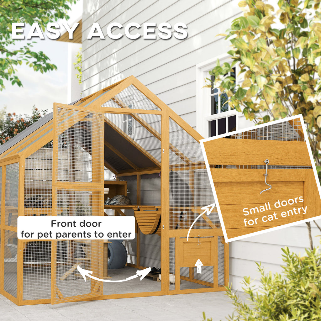 Wooden Catio Outdoor Cat Enclosure, Large Cat House with Waterproof Cover, 2 Condos, 6 Platforms, Bridge, Doors, Yellow