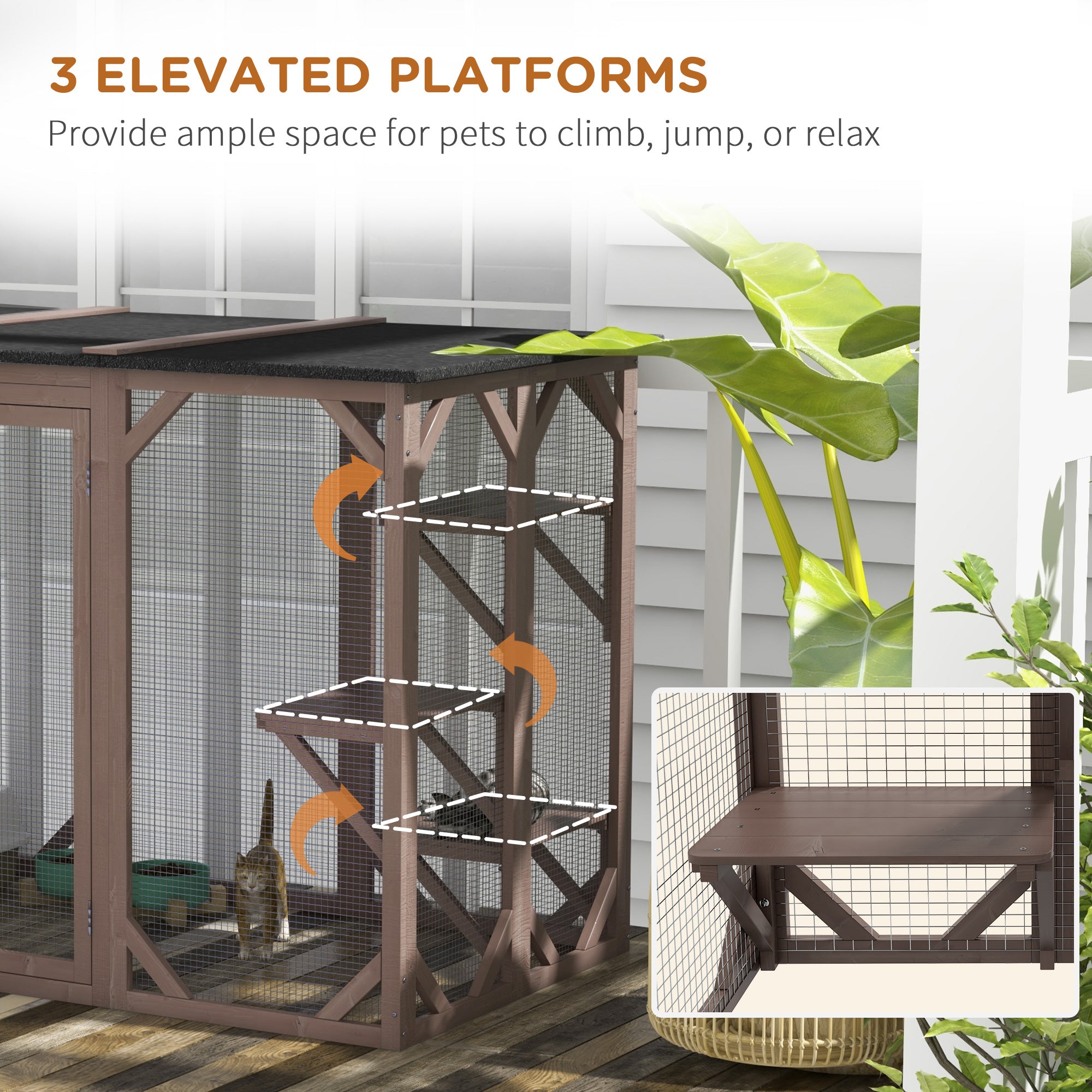 Outdoor Cat House, Catio Wooden Feral Cat Shelter, Cat Cage with Platforms, Large Enter Door, Weather Protection Asphalt Roof, 71" L, Brown