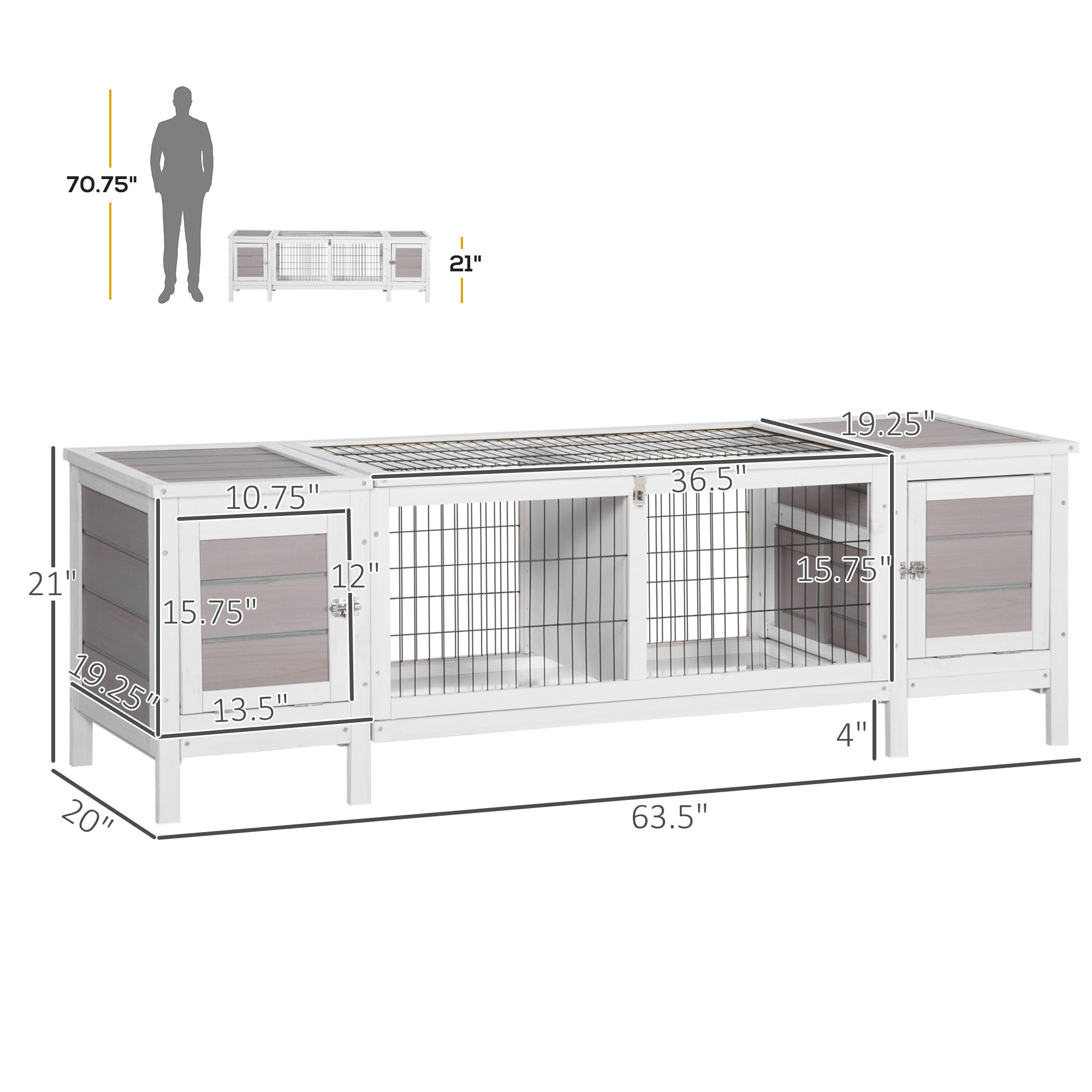 Rabbit Hutch, Bunny Cage, Guinea Pig House with Pull-Out Tray, and Divided Board for Indoor, White
