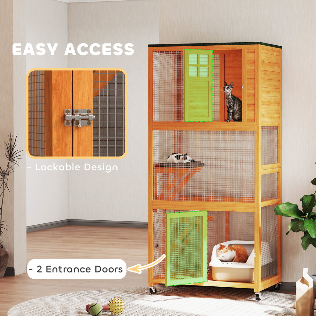 74" Wooden Outdoor Cat House Catio Outdoor Cat Enclosure, Orange
