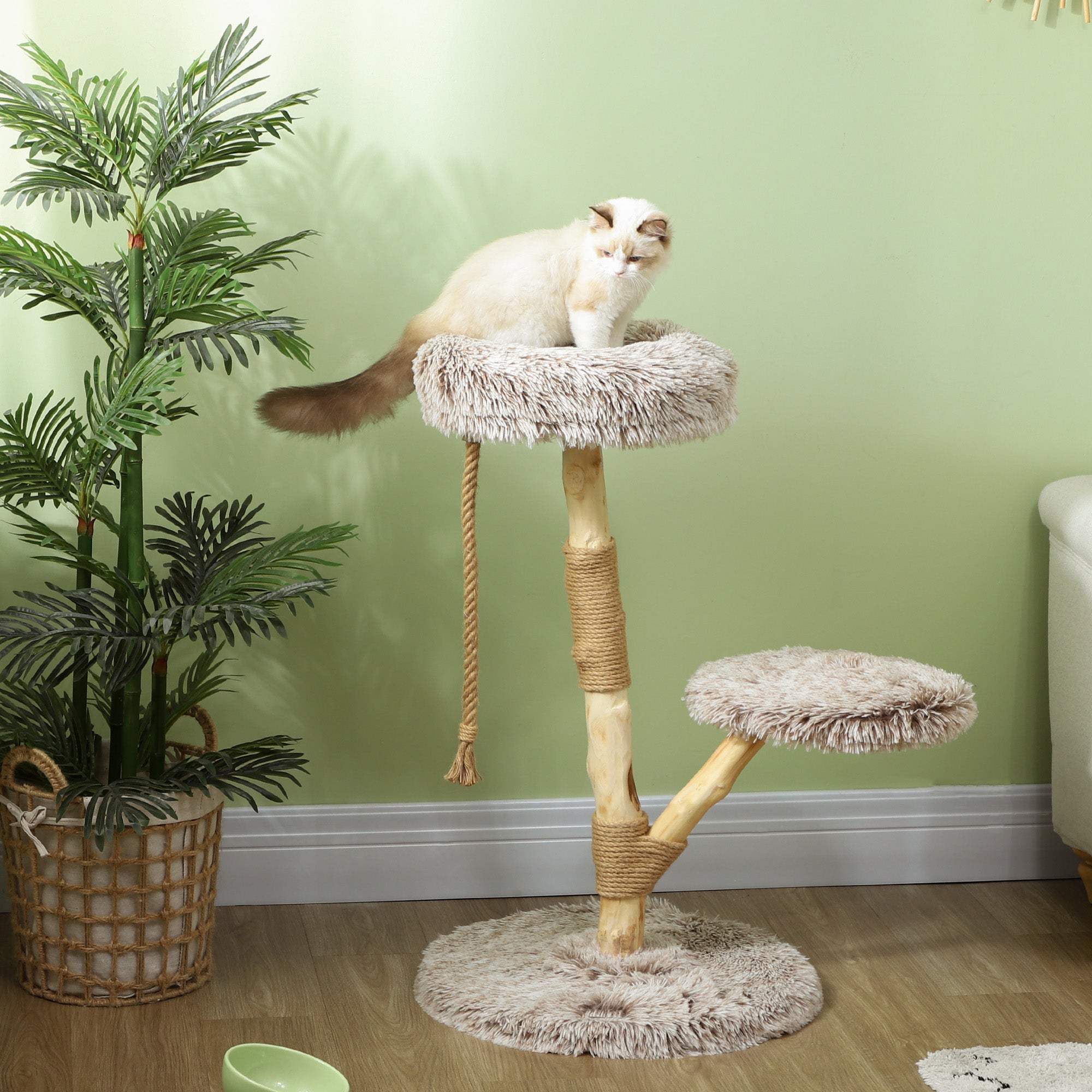 35-Inch Modern Cat Tree for Indoor Adult Cats, Wooden Scratching Posts, Cat Bed & Rope Toy, Compact Activity Tower, Brown