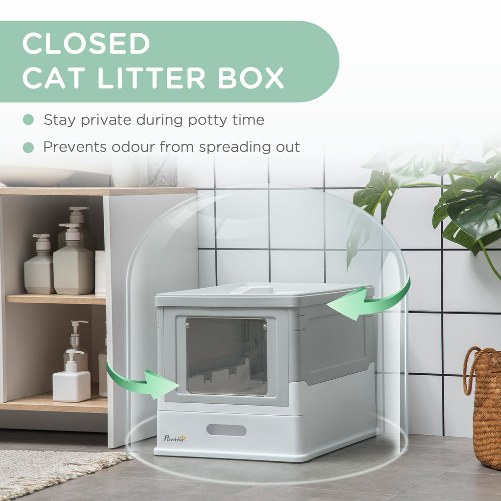 Fully Enclosed Cat Litter Box with Front Entry and Top Exit, Plastic, Gray & White