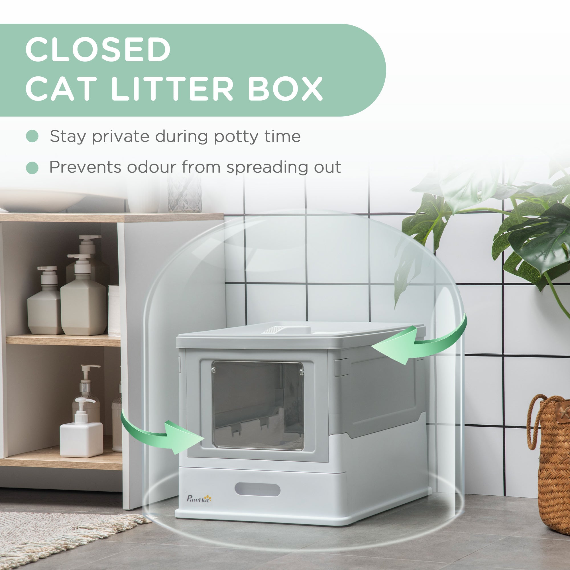 Fully Enclosed Cat Litter Box with Front Entry and Top Exit, Plastic, Gray & White