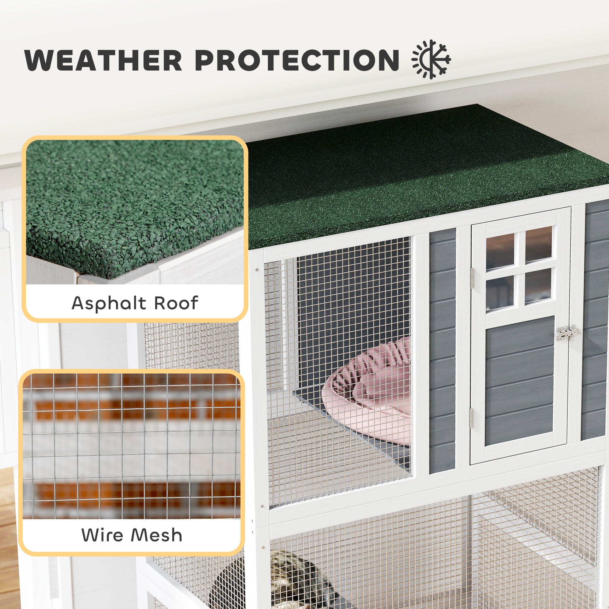 74" Wooden Catio Outdoor Cat Enclosure Weatherproof & Wheeled, Outside Cat House with High Weight Capacity, Kitten Cage Condo, White