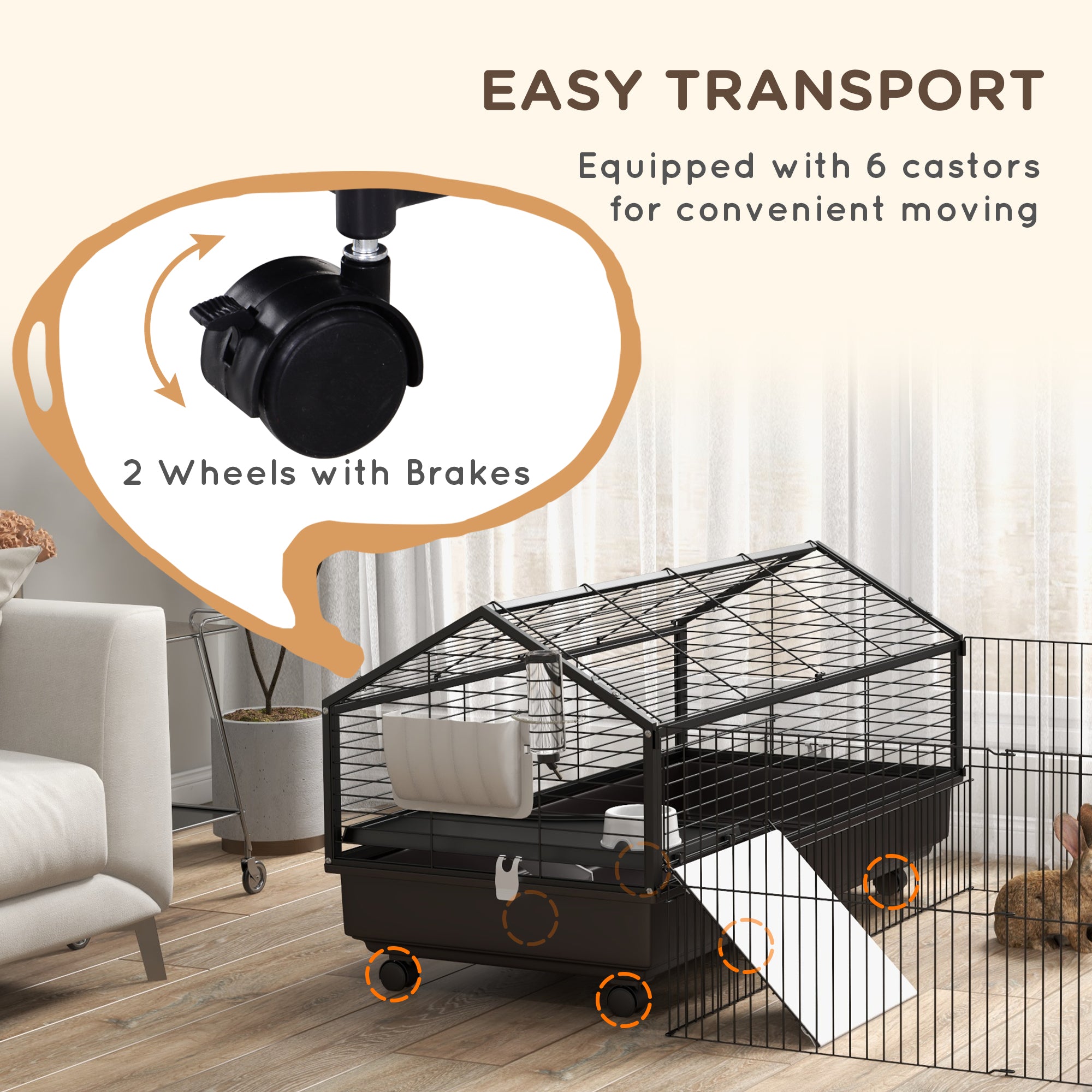 Small Animal Playpen Cage with Rolling Caster, Water Bottle 46.5"