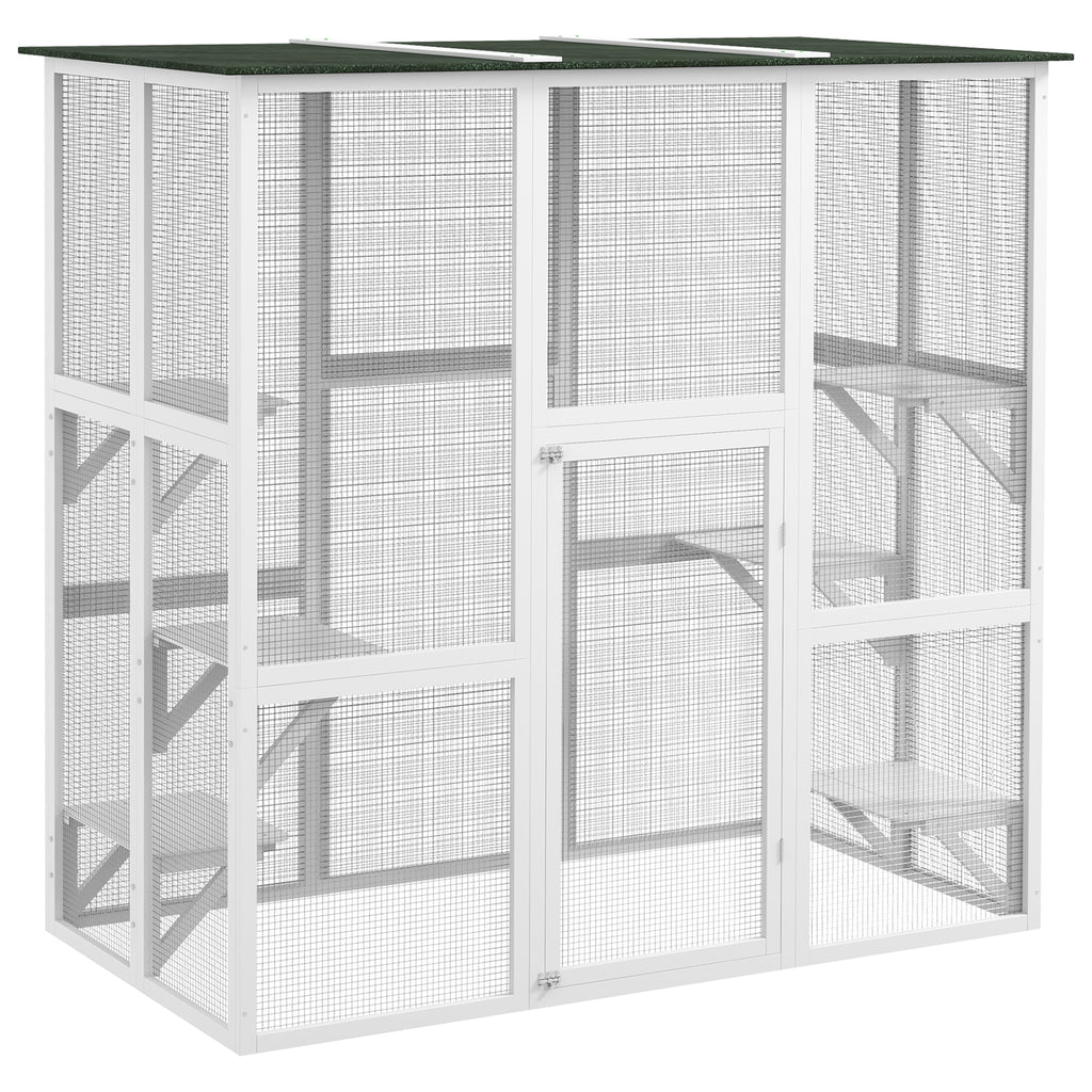 Outdoor Cat House Big Catio Wooden Feral Cat Shelter Enclosure with Large Spacious Interior, 6 High Ledges, Weather Protection Asphalt Roof, 71" L, White