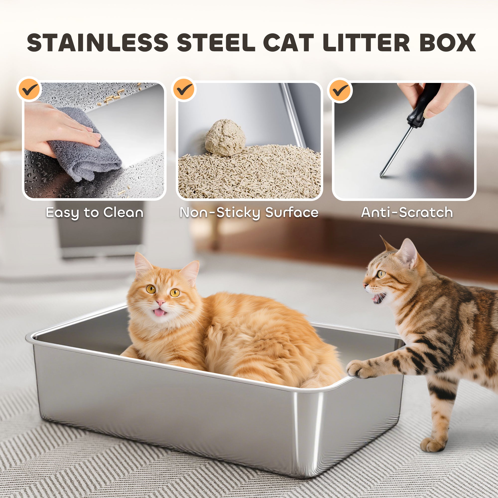 XL Stainless Steel Litter Box w/ 100¡ã Flip Top, Scoop, Step, Top & Side Entry Enclosed Litter Box for Big Cats