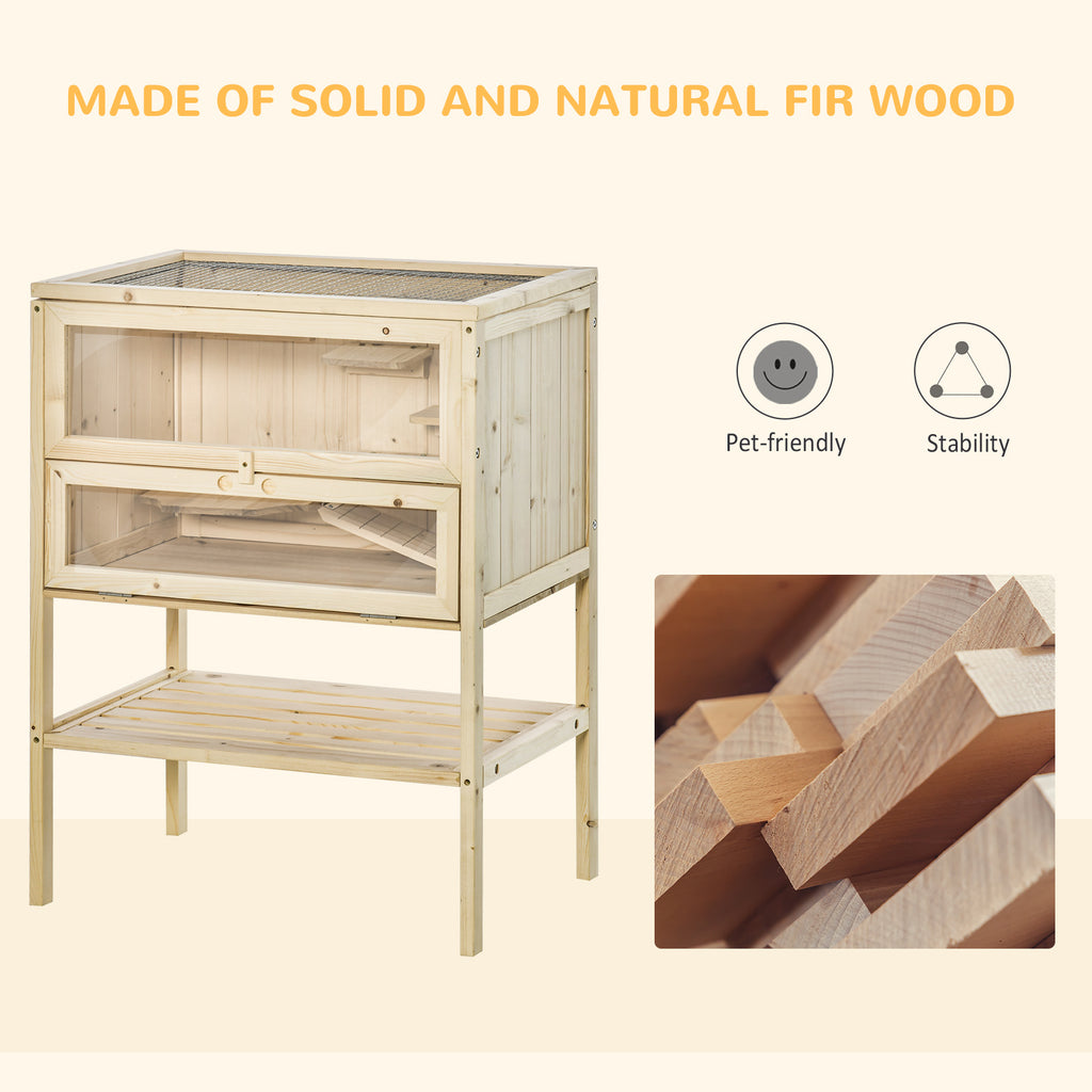 3-Tier Wooden Hamster Cage Mice and Rat Cage Small Animals Hutch with Openable Top, Front Door, Shelf, Natural Wood