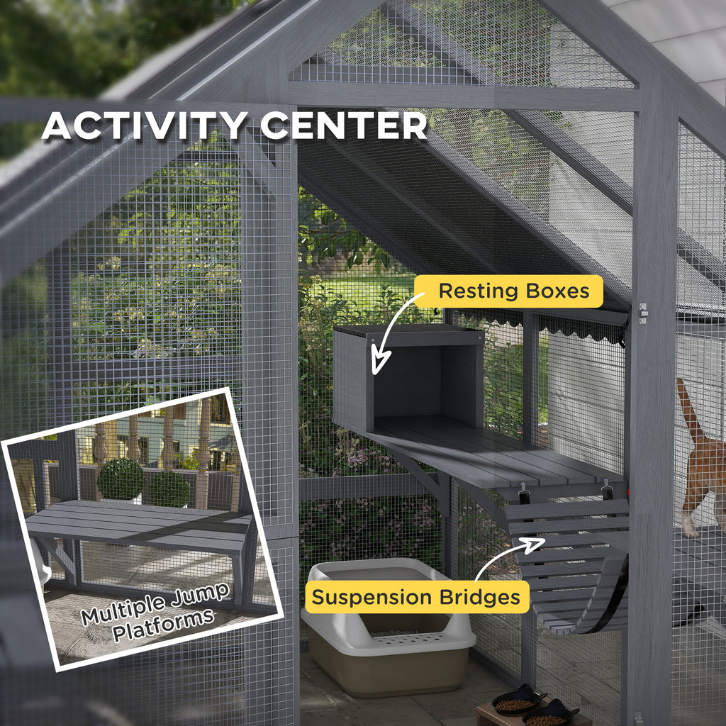 Wooden Catio Outdoor Cat Enclosure with Waterproof Cover, 2 Condos, 6 Platforms, Bridge, Doors, Gray