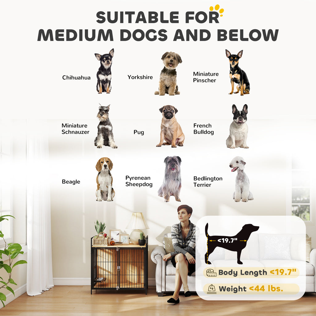 30 Inch Dog Crate Furniture, Indoor Pet Kennel Side Table with Rotatable Bowls, 2 Anti-Escape Doors, for M Dogs, Oak