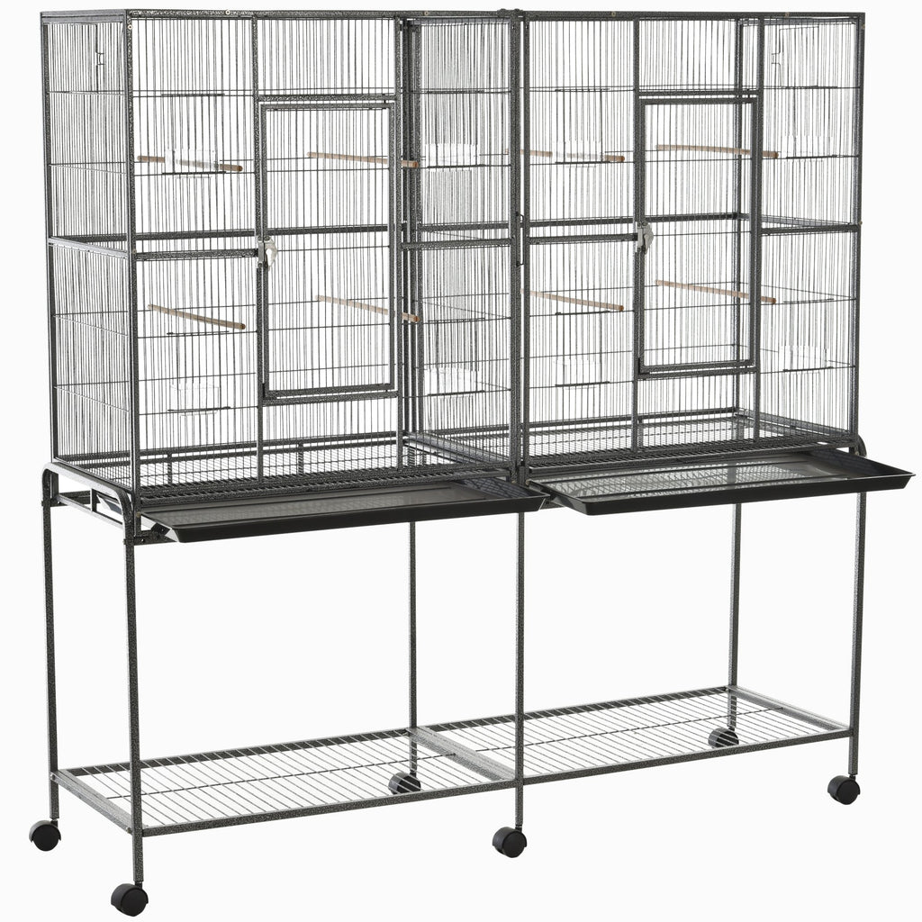 Rolling 65"L Bird Cage w/ Storage Shelf Wood Perch Food Container