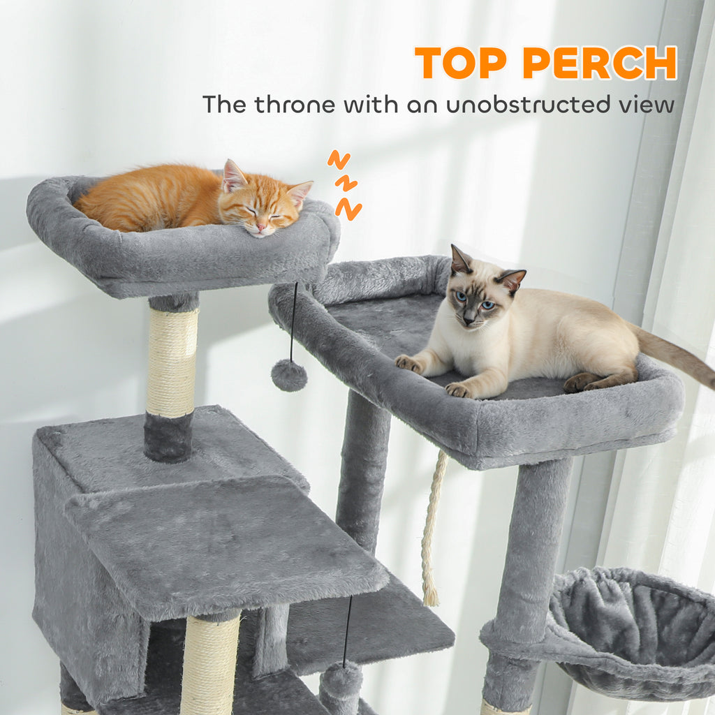 69" Tall Cat Tree for Indoor Cats - Multi-Level Cat Tower with 2 Condos & 3 Hammocks, 8 Sisal Scratching Posts, Dark Gray Furniture for Multiple Cats, Anti-Tip Stable Design