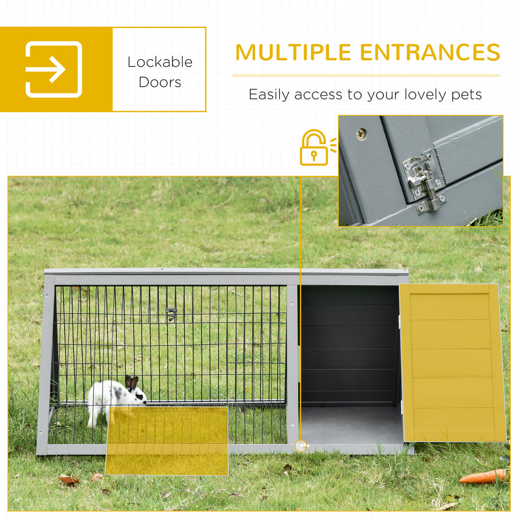 46" x 24" Wooden A-Frame Outdoor Rabbit Hutch, Small Animal Cage, Bunny Hutch with Outside Run & Ventilating Wire, for Rabbits, Chickens, Ducks, Gray