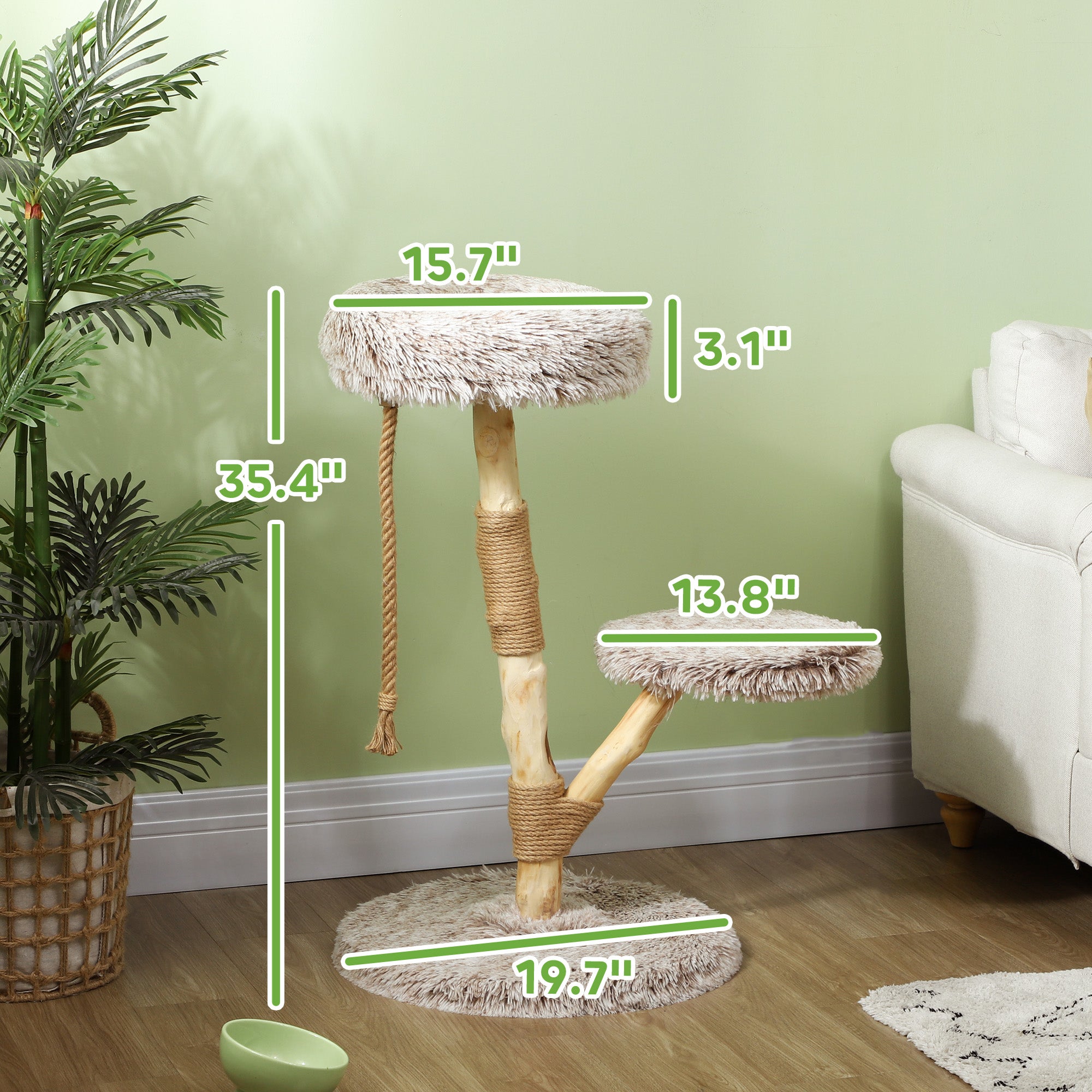 35-Inch Modern Cat Tree for Indoor Adult Cats, Wooden Scratching Posts, Cat Bed & Rope Toy, Compact Activity Tower, Brown