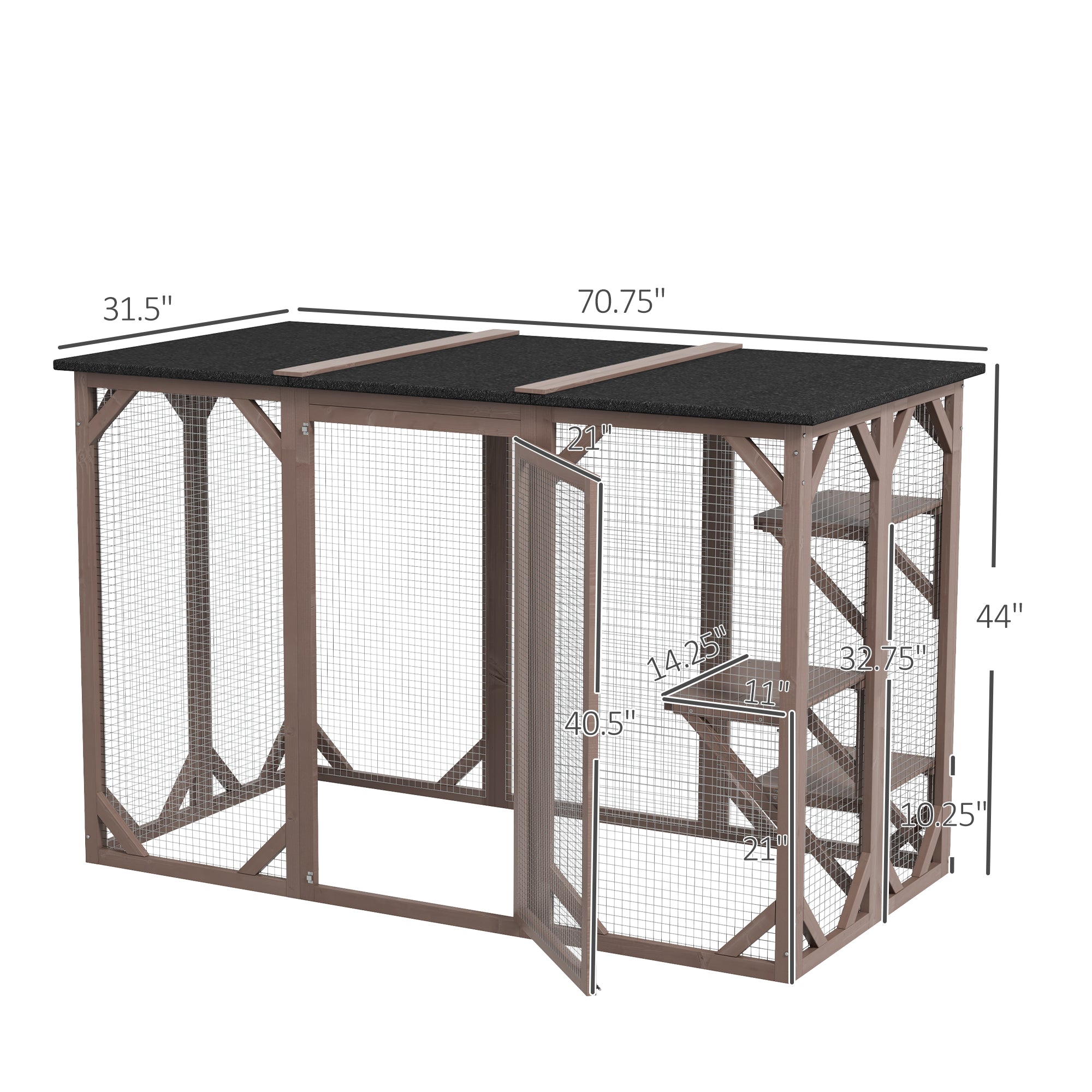 Outdoor Cat House, Catio Wooden Feral Cat Shelter, Cat Cage with Platforms, Large Enter Door, Weather Protection Asphalt Roof, 71" L, Brown