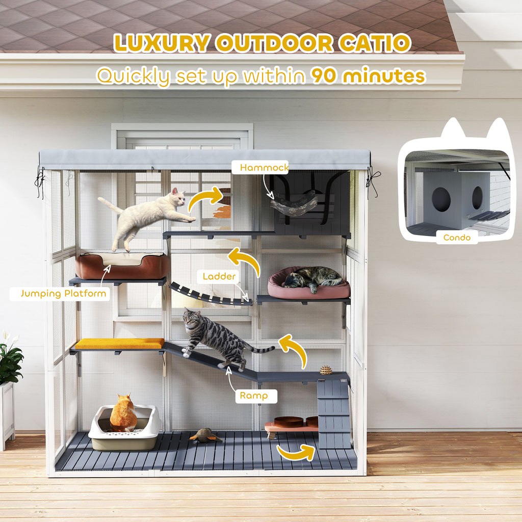 Large Outdoor Catio Cat Enclosure with Hammock, Condo, Jump Platforms, Ladders, Ramps, Tarp, for 2-4 Large Cats, Gray