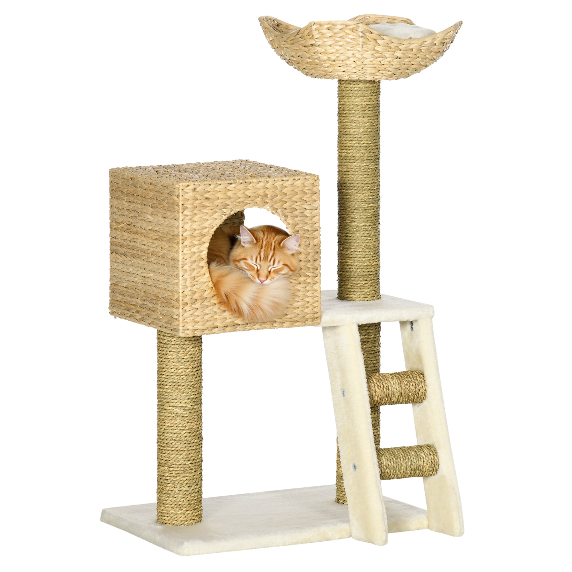 39.5" Natural Cattail Weave Cat Tree - Boho Rattan Cat Tower with Wicker Condo & Bed, 3-Tier Kitty Activity Center with Ladder & Washable Cushions