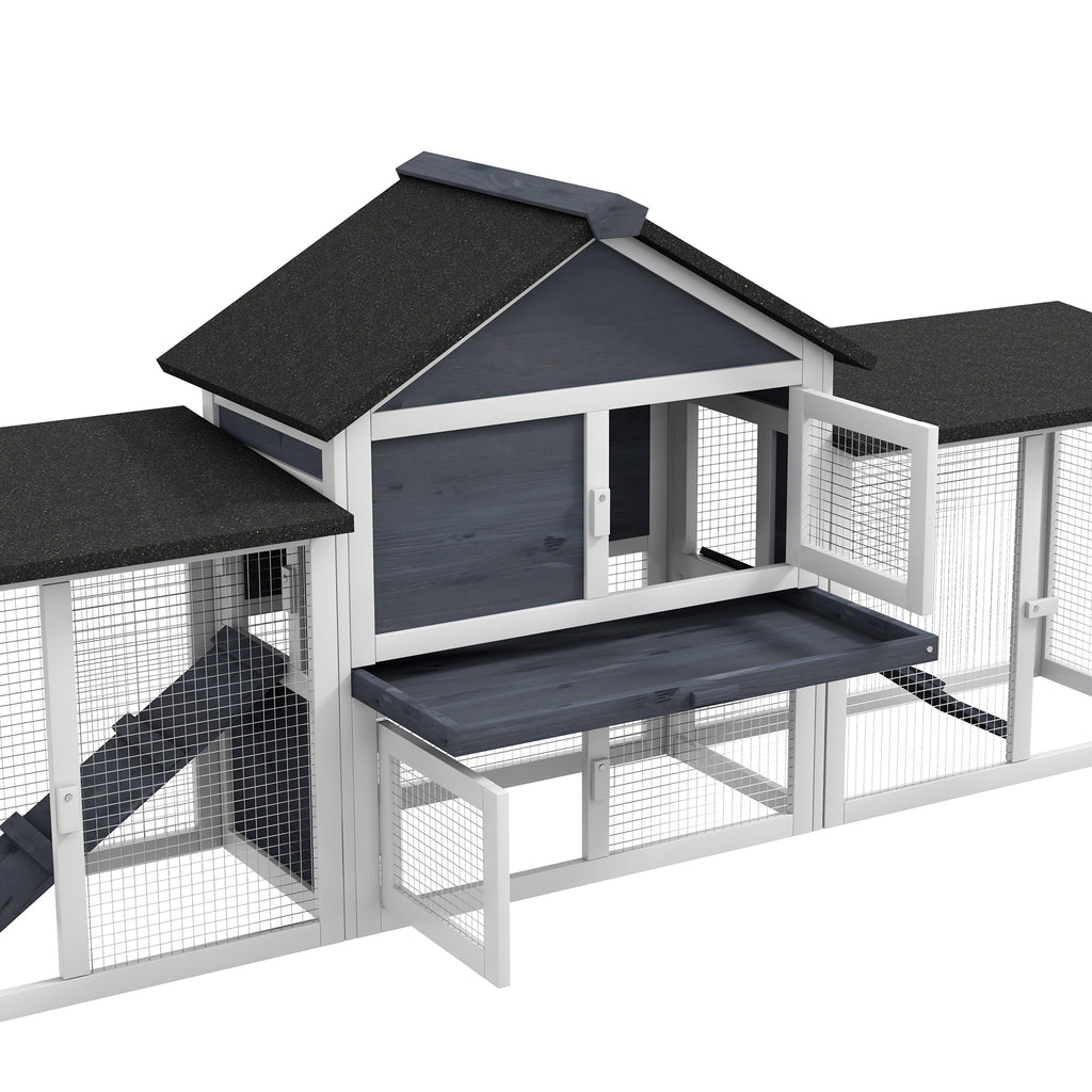Outdoor Rabbit House 83" 2 Story Deluxe XL Wooden Rabbit Hutch, Big Bunny Cage w/ Ladder and Run, Dark Gray