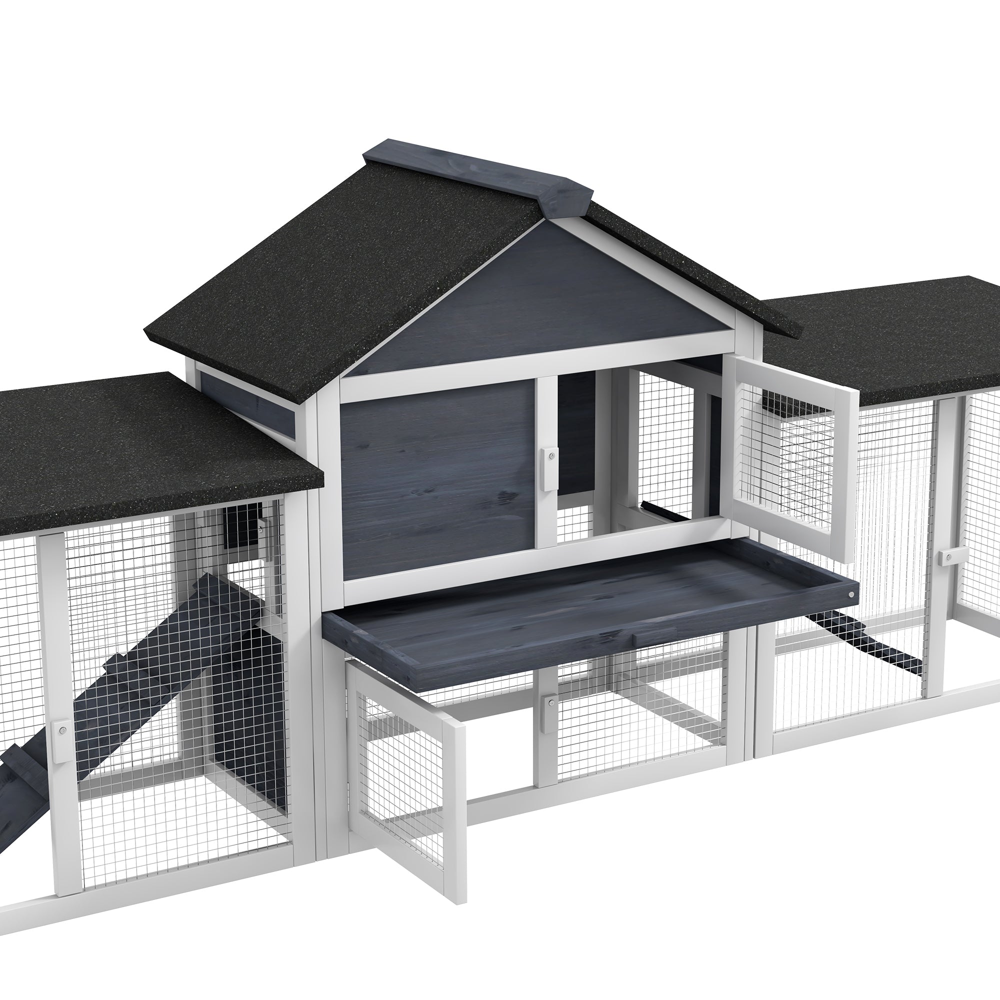 Outdoor Rabbit House 83" 2 Story Deluxe XL Wooden Rabbit Hutch, Big Bunny Cage w/ Ladder and Run, Dark Gray