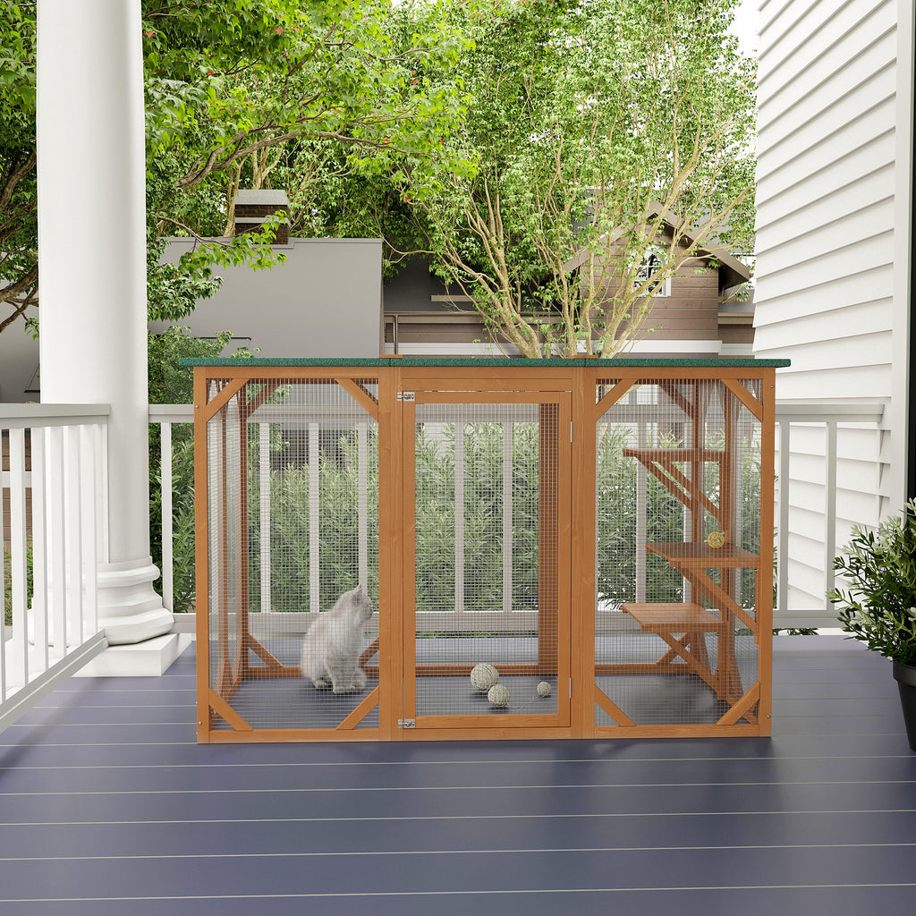 Outdoor Cat House, Catio Wooden Feral Cat Shelter, Cat Cage with Platforms, Large Enter Door, Weather Protection Asphalt Roof, 71" L, Orange