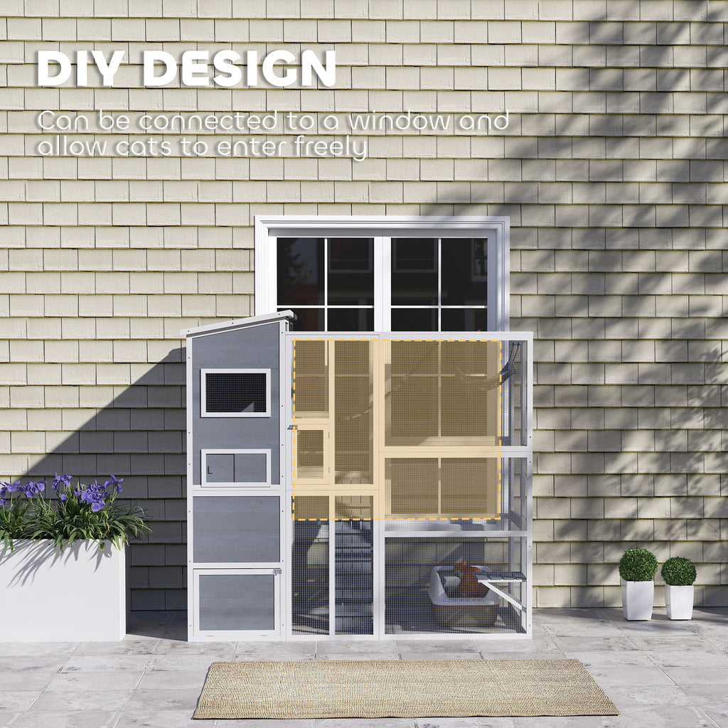 Large Wooden Catio Outdoor, Cat Enclosure w/ 4 Tier Resting Rooms, 3 Platforms, 1 Soft Ladder, 2 Ramps, 1 Hammock, Gray