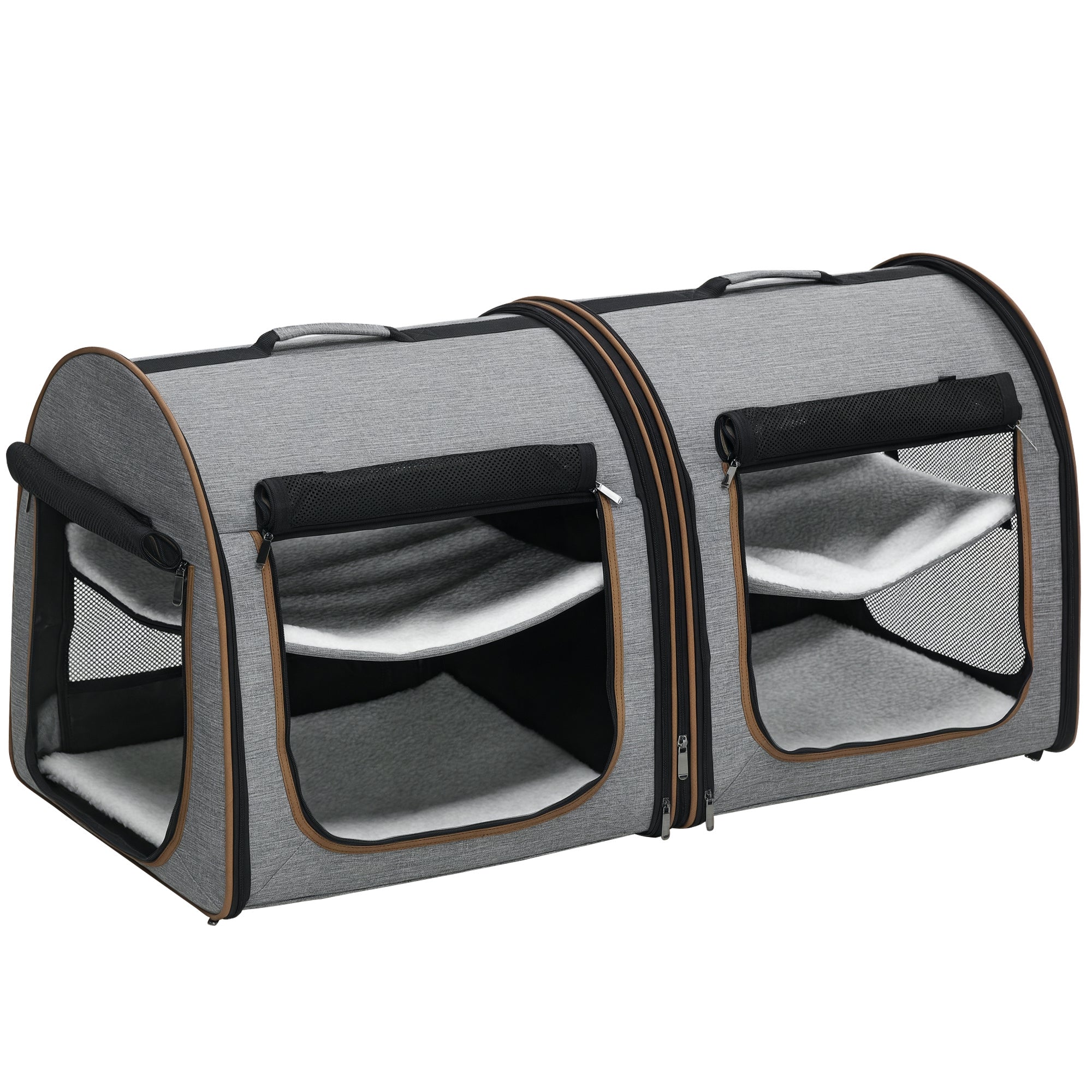 Gray pet carrier with mesh sides on a white background